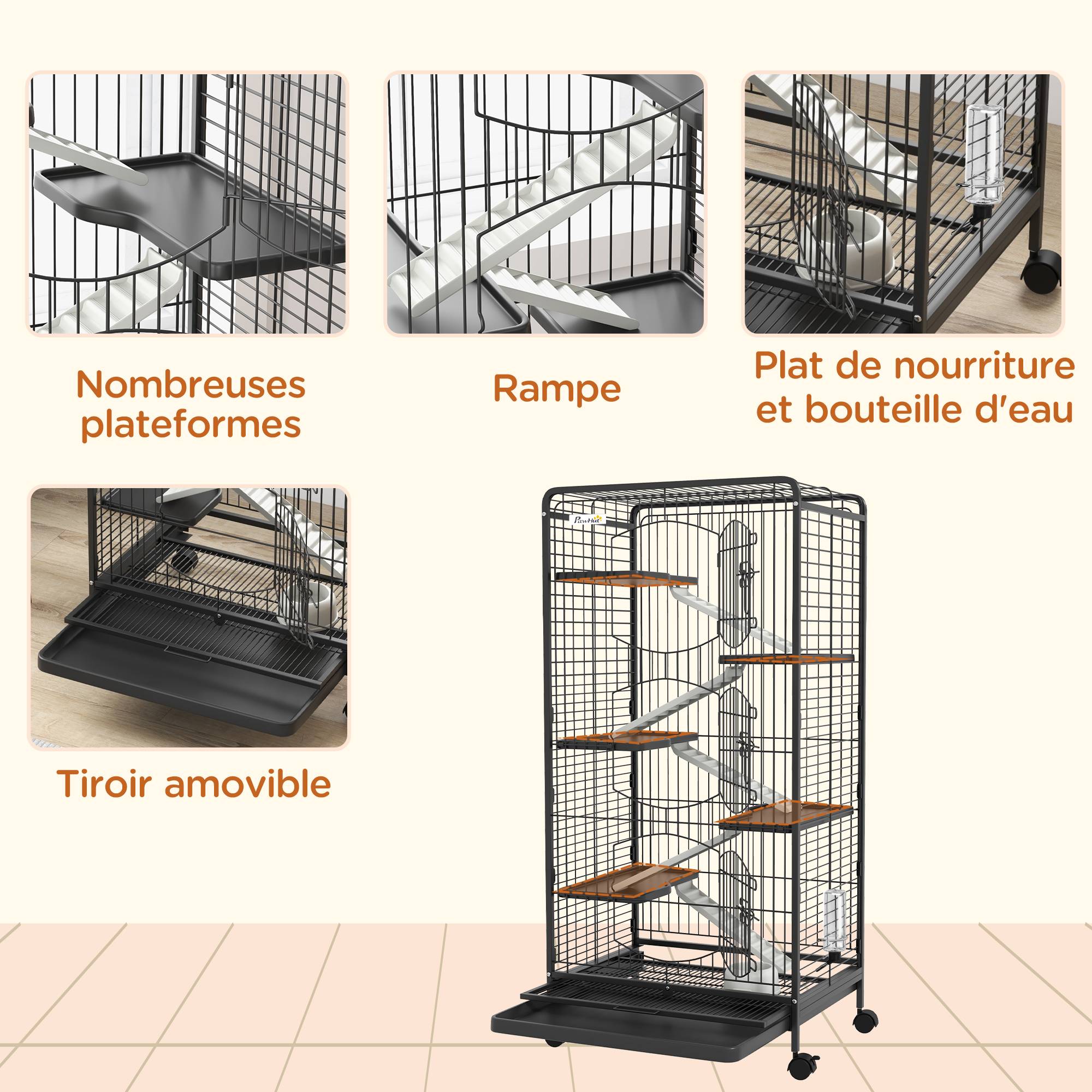 Pawhut - Cage pour petits animaux roulante 5 rampes 5 plateformes gamelle distributeur eau plateau amovible métal PP noir - Imagen 6