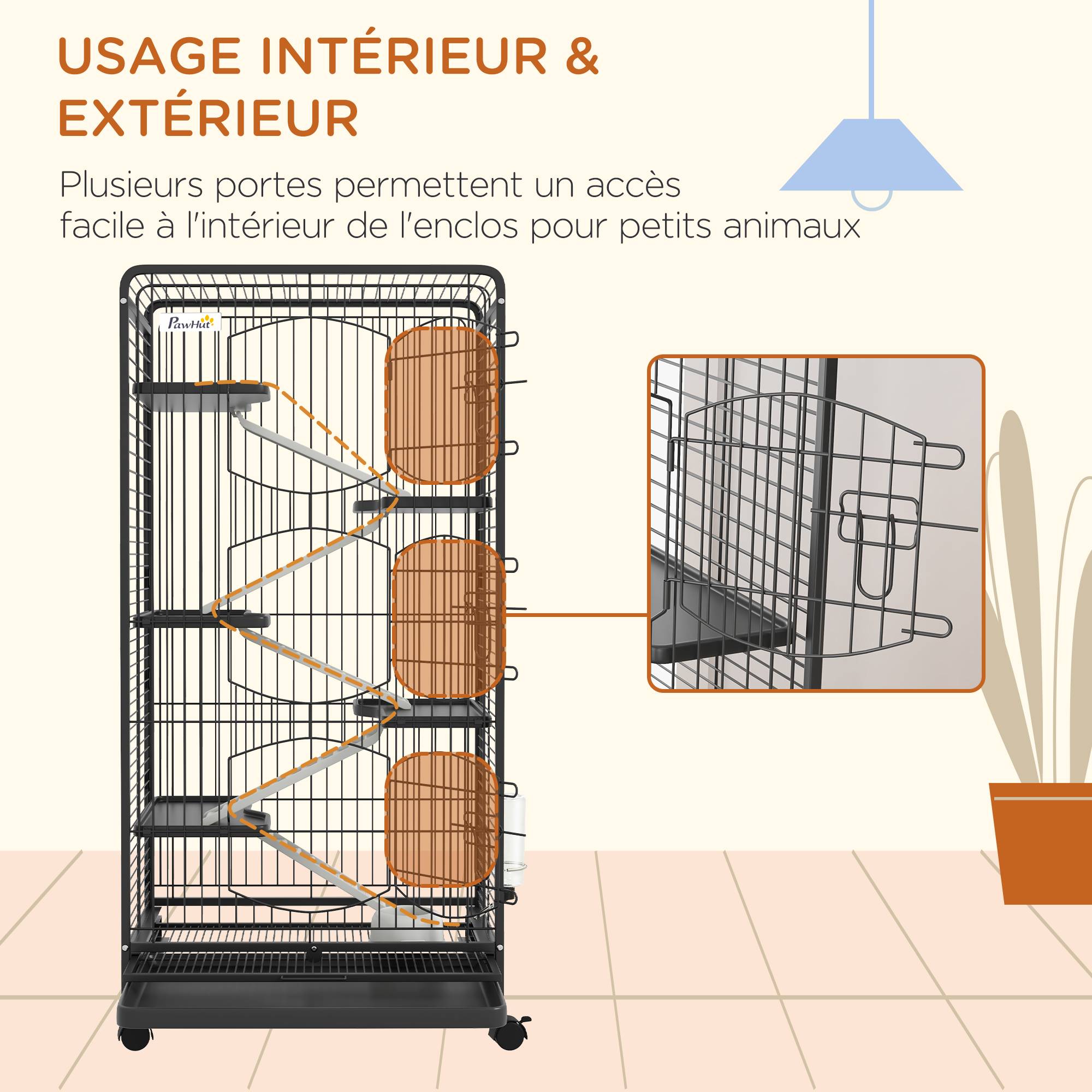 Pawhut - Cage pour petits animaux roulante 5 rampes 5 plateformes gamelle distributeur eau plateau amovible métal PP noir - Imagen 7