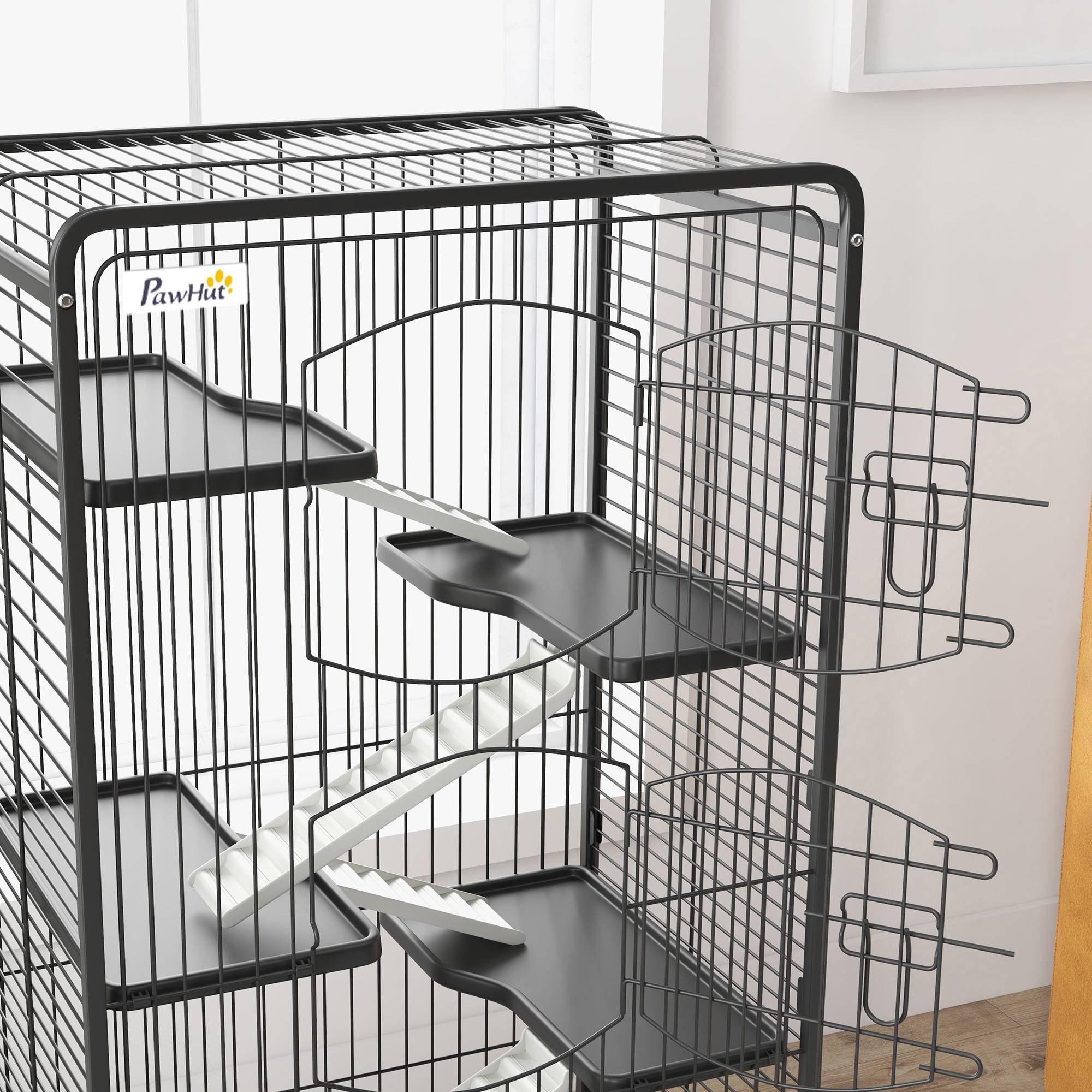 Pawhut - Cage pour petits animaux roulante 5 rampes 5 plateformes gamelle distributeur eau plateau amovible métal PP noir - Imagen 9