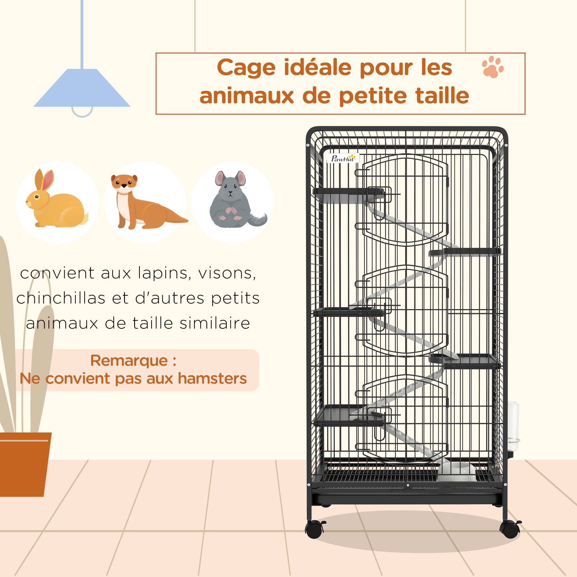 Pawhut - Cage pour petits animaux roulante 5 rampes 5 plateformes gamelle distributeur eau plateau amovible métal PP noir - Imagen 4