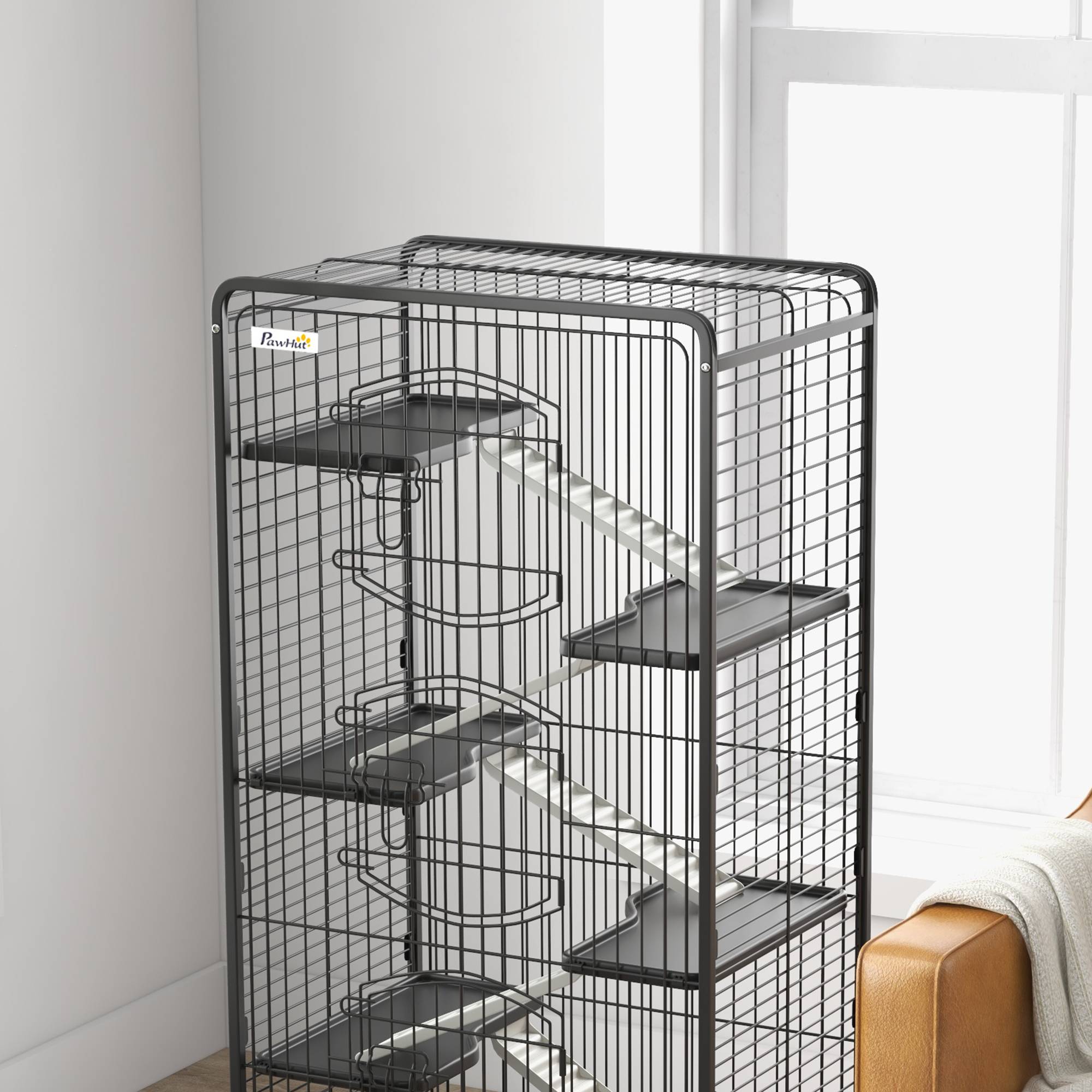 Pawhut - Cage pour petits animaux roulante 5 rampes 5 plateformes gamelle distributeur eau plateau amovible métal PP noir - Imagen 8