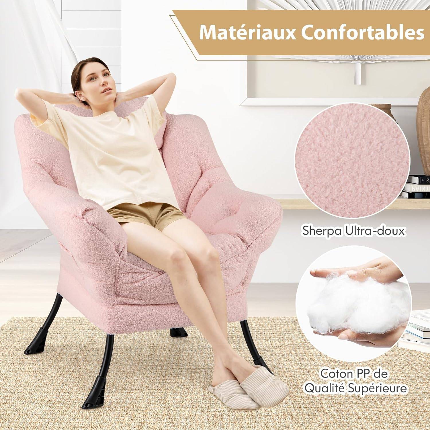 Costway - COSTWAY Fauteuil Salon Scandinave, Fauteuil Relax en Sherpa avec Oreiller et Poche Latérale, Fauteuil Chambre pour Lecture, pour Charger 150 KG (Rose) - Image 2
