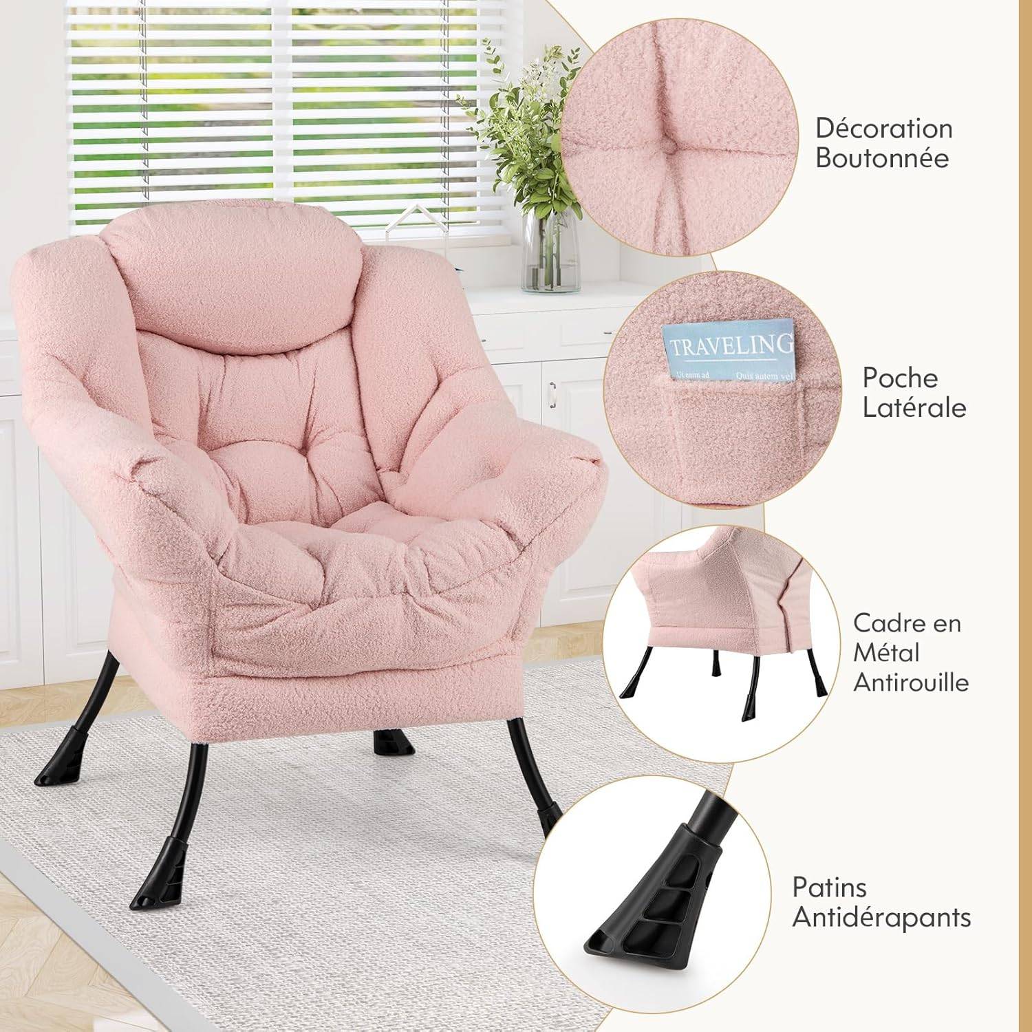 Costway - COSTWAY Fauteuil Salon Scandinave, Fauteuil Relax en Sherpa avec Oreiller et Poche Latérale, Fauteuil Chambre pour Lecture, pour Charger 150 KG (Rose) - Image 4