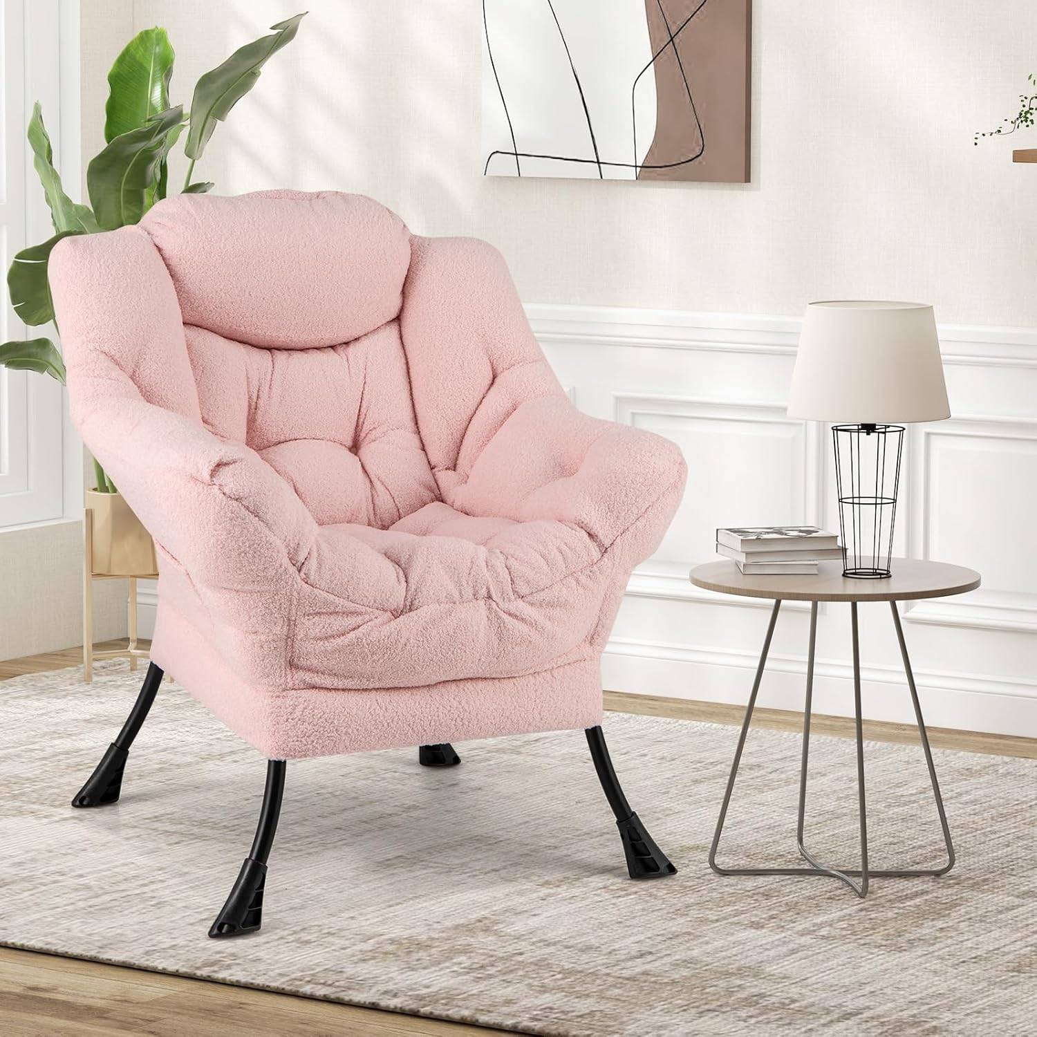 Costway - COSTWAY Fauteuil Salon Scandinave, Fauteuil Relax en Sherpa avec Oreiller et Poche Latérale, Fauteuil Chambre pour Lecture, pour Charger 150 KG (Rose) - Image 6