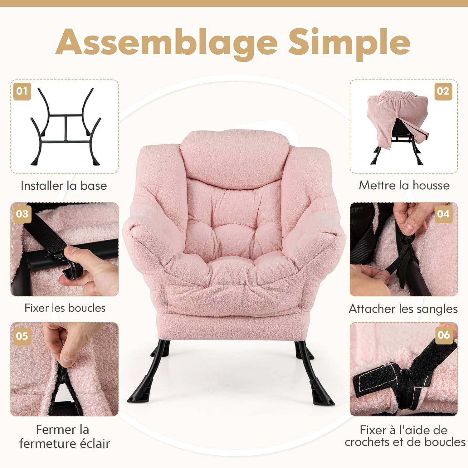Costway - COSTWAY Fauteuil Salon Scandinave, Fauteuil Relax en Sherpa avec Oreiller et Poche Latérale, Fauteuil Chambre pour Lecture, pour Charger 150 KG (Rose) - Image 5
