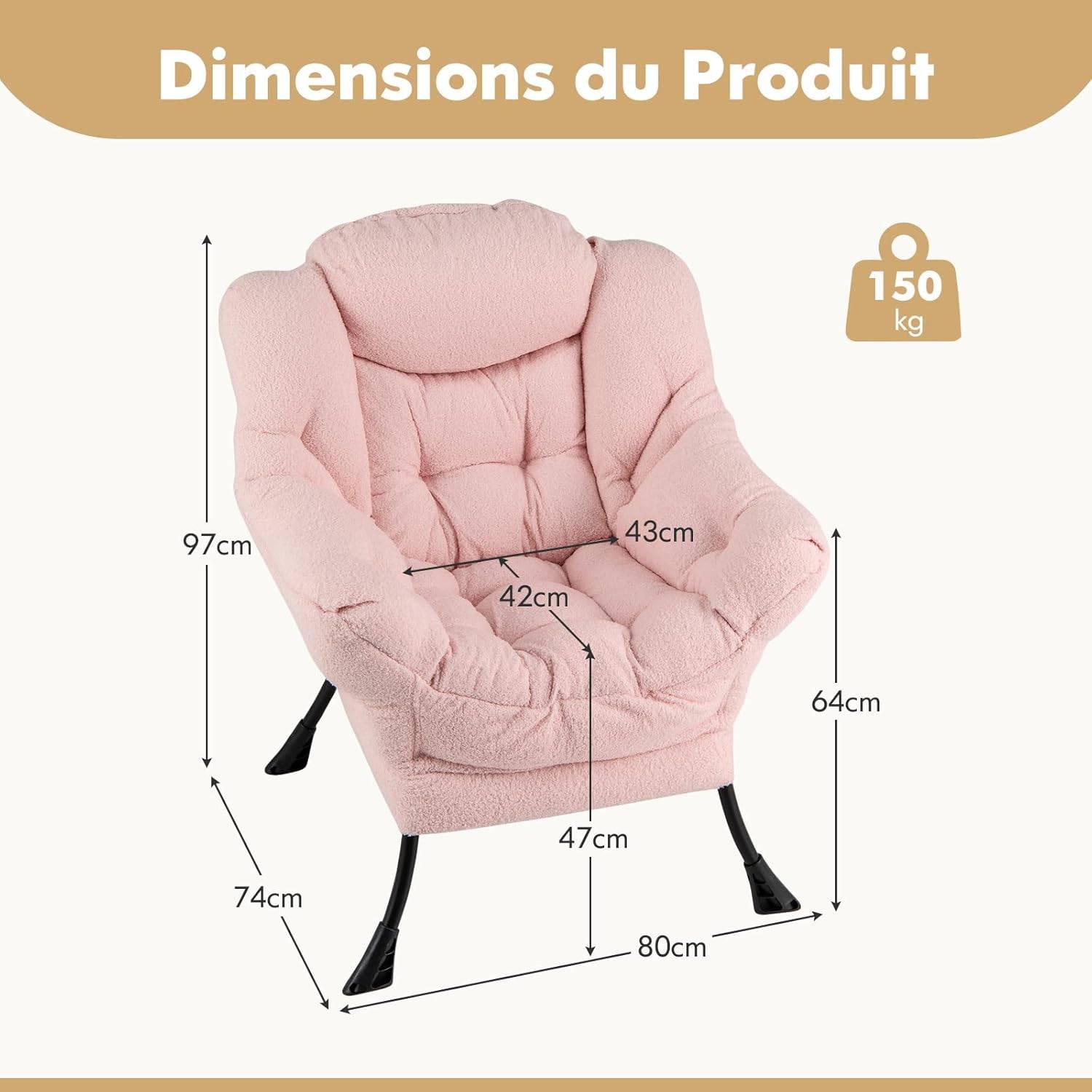 Costway - COSTWAY Fauteuil Salon Scandinave, Fauteuil Relax en Sherpa avec Oreiller et Poche Latérale, Fauteuil Chambre pour Lecture, pour Charger 150 KG (Rose) - Image 1