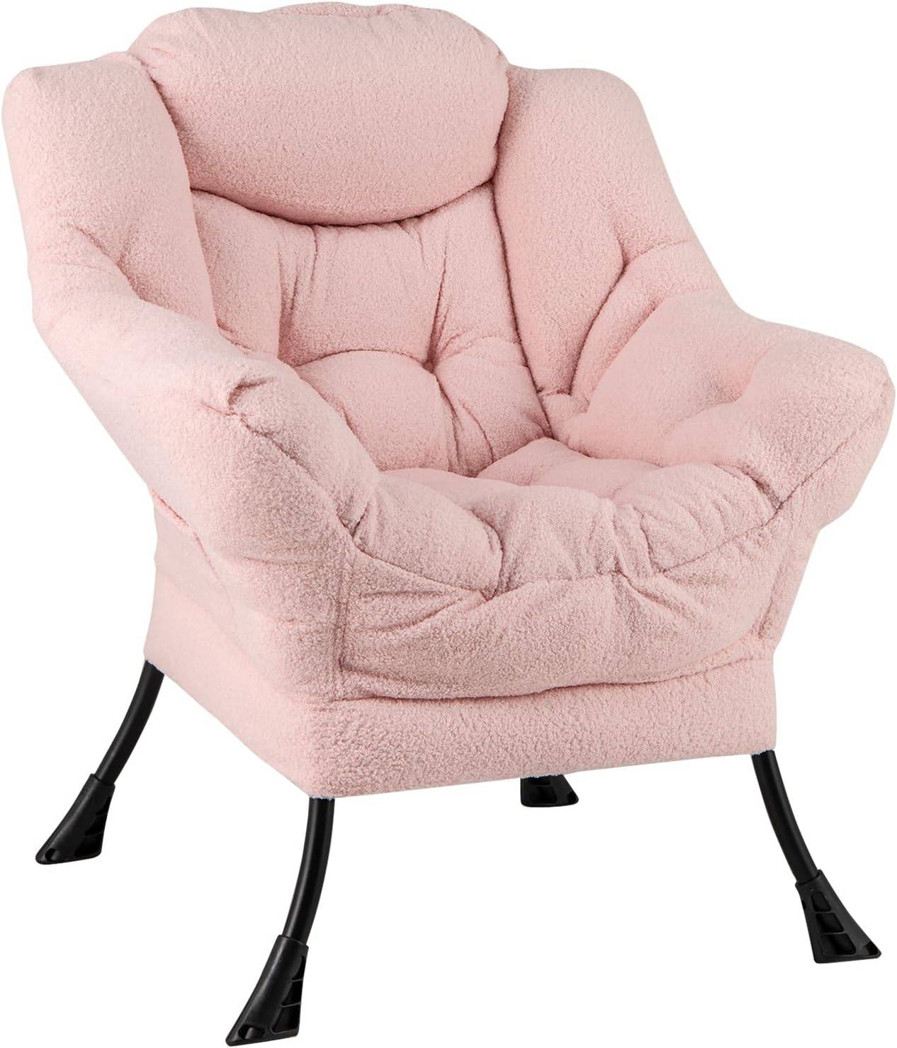 Costway - COSTWAY Fauteuil Salon Scandinave, Fauteuil Relax en Sherpa avec Oreiller et Poche Latérale, Fauteuil Chambre pour Lecture, pour Charger 150 KG (Rose) - Image 7