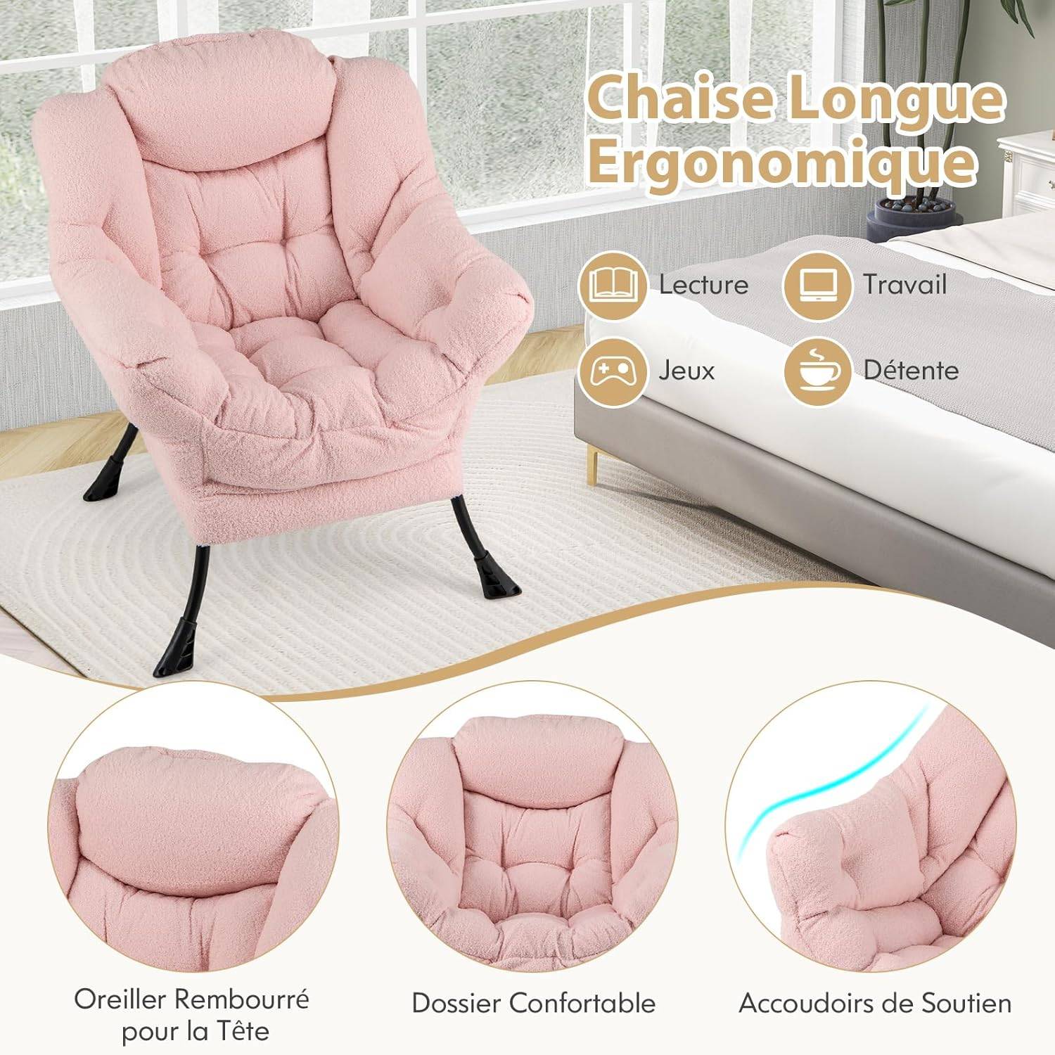 Costway - COSTWAY Fauteuil Salon Scandinave, Fauteuil Relax en Sherpa avec Oreiller et Poche Latérale, Fauteuil Chambre pour Lecture, pour Charger 150 KG (Rose) - Image 3