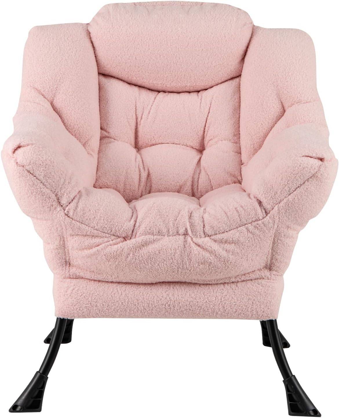 Costway - COSTWAY Fauteuil Salon Scandinave, Fauteuil Relax en Sherpa avec Oreiller et Poche Latérale, Fauteuil Chambre pour Lecture, pour Charger 150 KG (Rose) - Image 8