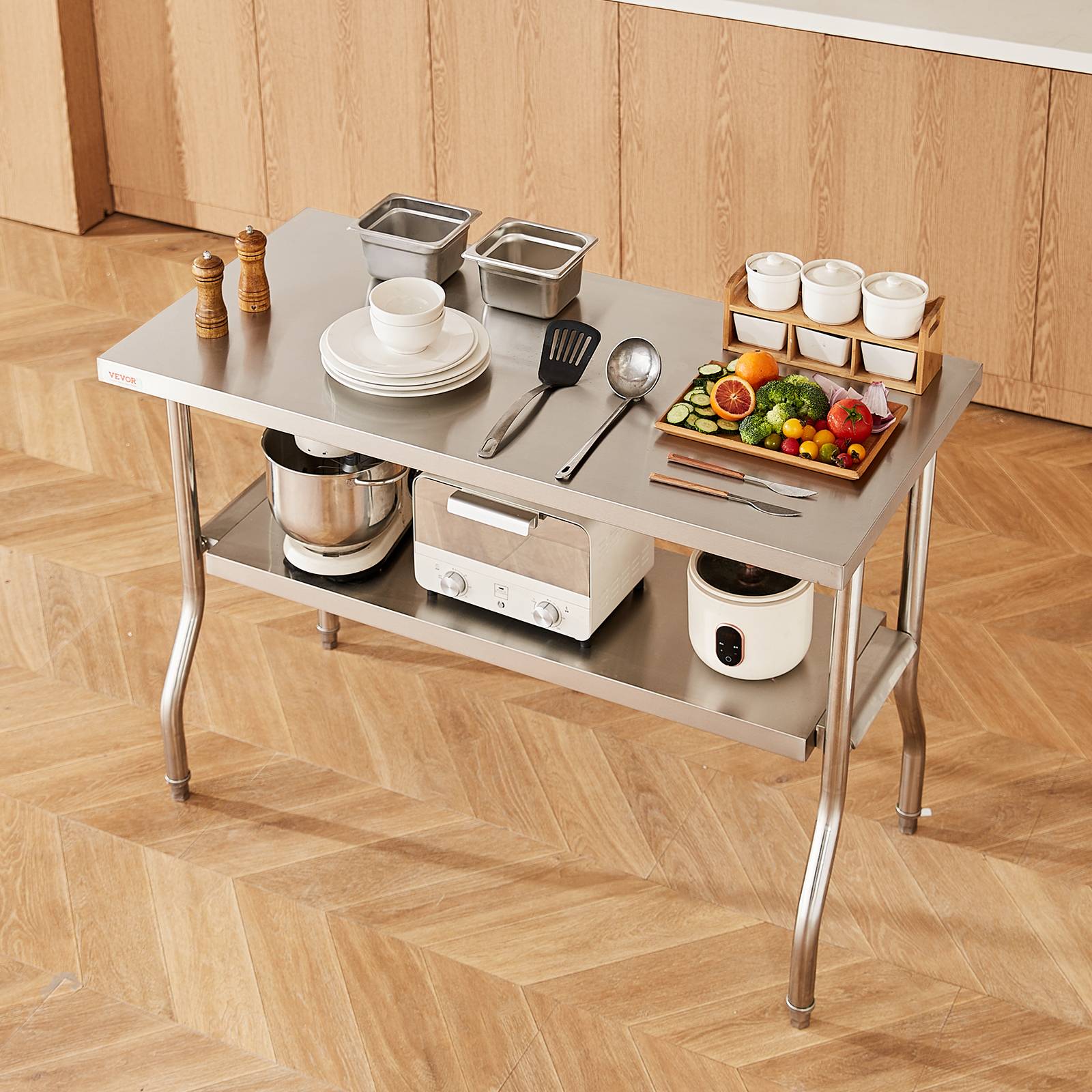 VEVOR Table travail cuisine pliante inox 2 étages 1220x610mm, charge 350kg, pieds réglables - Image 8