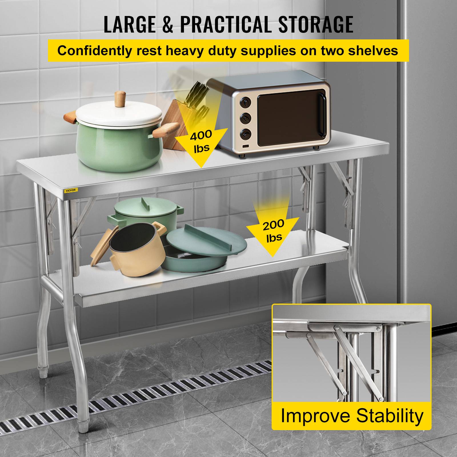 VEVOR Table travail cuisine pliante inox 2 étages 1220x610mm, charge 350kg, pieds réglables - Image 4