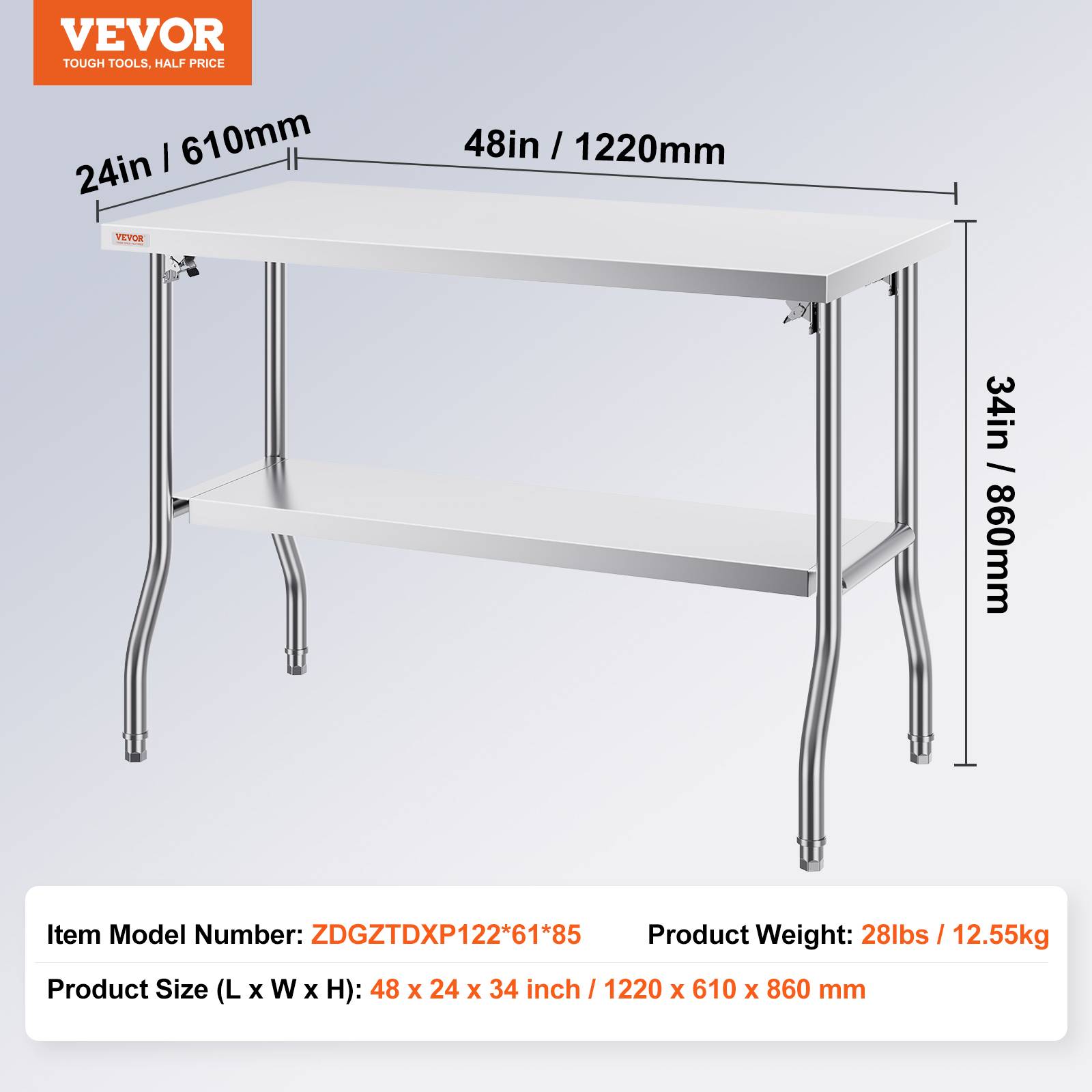 VEVOR Table travail cuisine pliante inox 2 étages 1220x610mm, charge 350kg, pieds réglables - Image 7