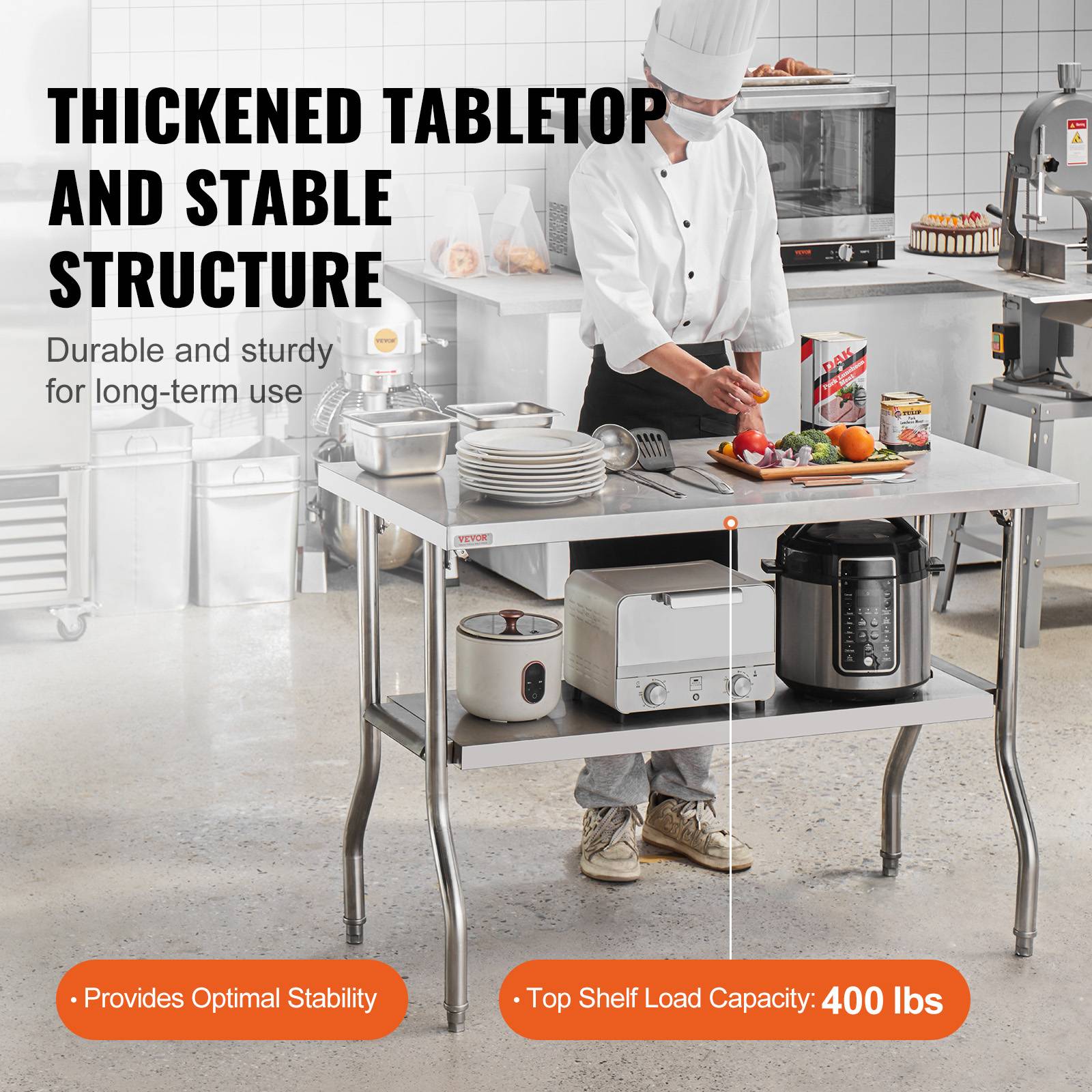 VEVOR Table travail cuisine pliante inox 2 étages 1220x610mm, charge 350kg, pieds réglables - Image 3