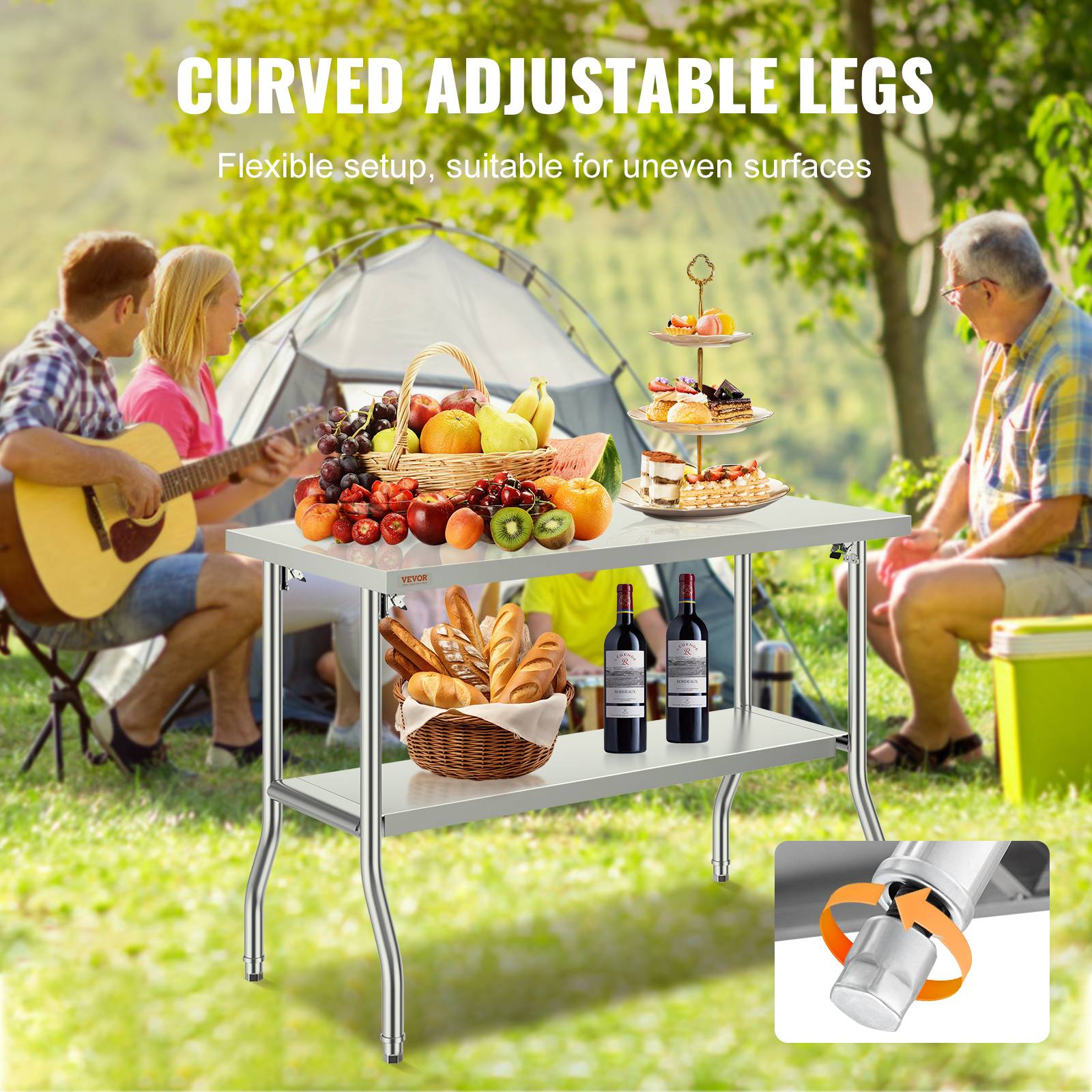 VEVOR Table travail cuisine pliante inox 2 étages 1220x610mm, charge 350kg, pieds réglables - Image 5