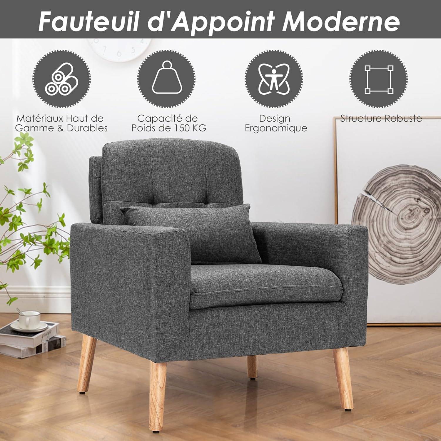 Fauteuil de Salon 1 Personne avec Oreiller, Canapé 1 Place pour Chambre, Salon, Bureau,77x73x85 cm - Image 1