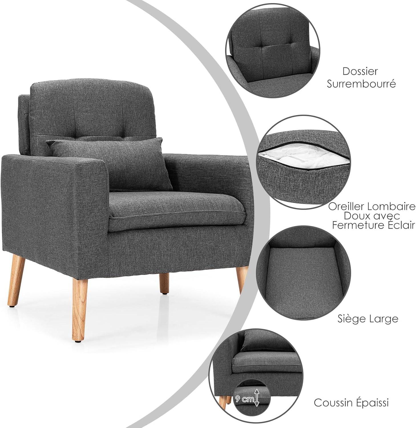 Fauteuil de Salon 1 Personne avec Oreiller, Canapé 1 Place pour Chambre, Salon, Bureau,77x73x85 cm - Image 2