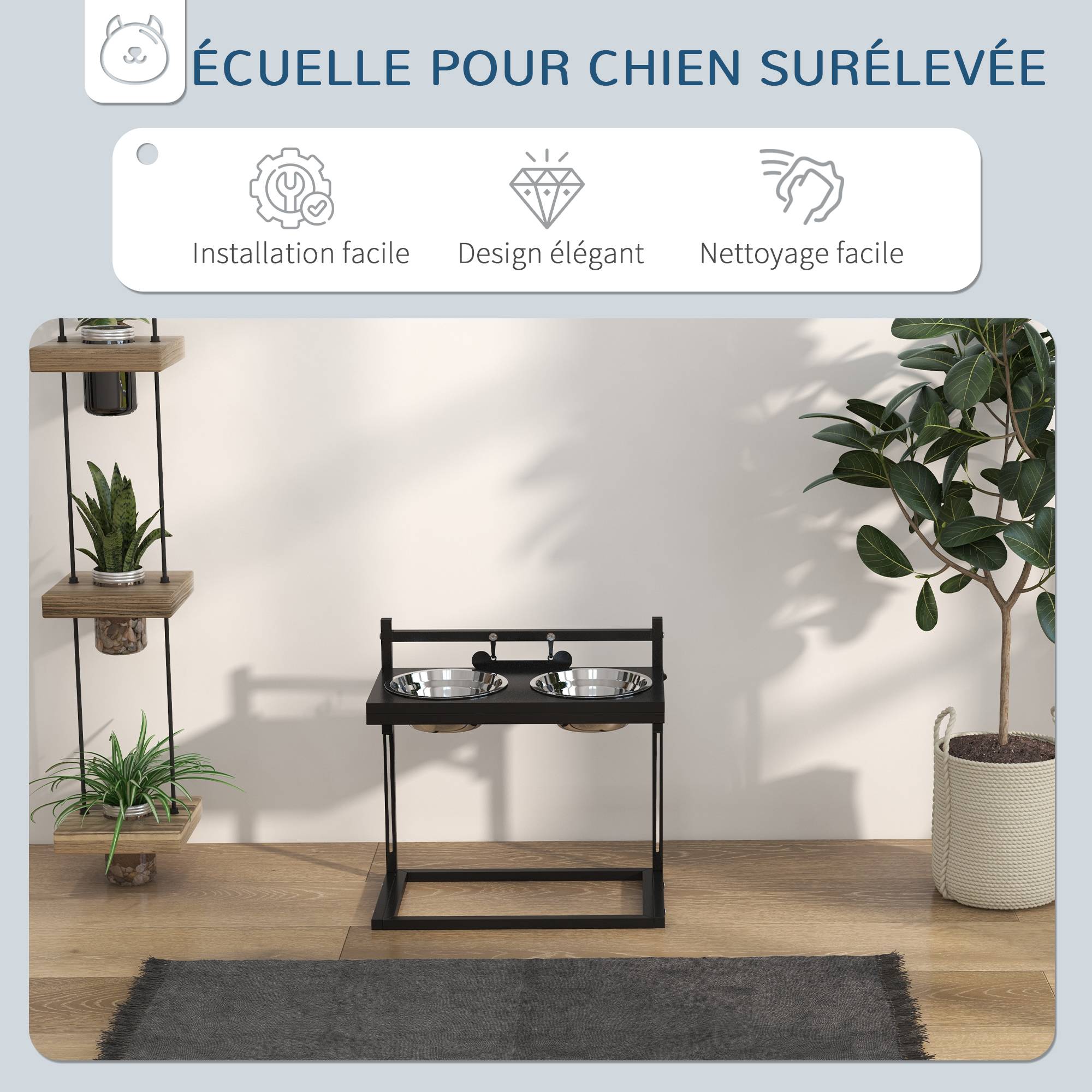 ComfortXL - Gamelle surélevée chien acier hauteur réglable bols amovibles étiquette nom 40x22x39cm noir - ComfortXL Outdoor Living - Image 9