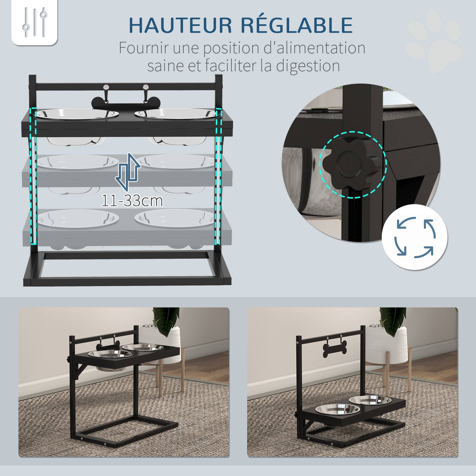ComfortXL - Gamelle surélevée chien acier hauteur réglable bols amovibles étiquette nom 40x22x39cm noir - ComfortXL Outdoor Living - Image 7