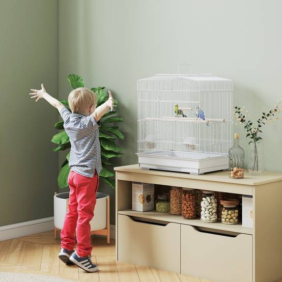 Cage portable pour oiseaux avec poignée, plateau extractible, 5 portes, perchoirs et balançoire, blanc - Image 10