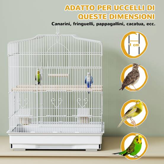Cage portable pour oiseaux avec poignée, plateau extractible, 5 portes, perchoirs et balançoire, blanc - Image 9