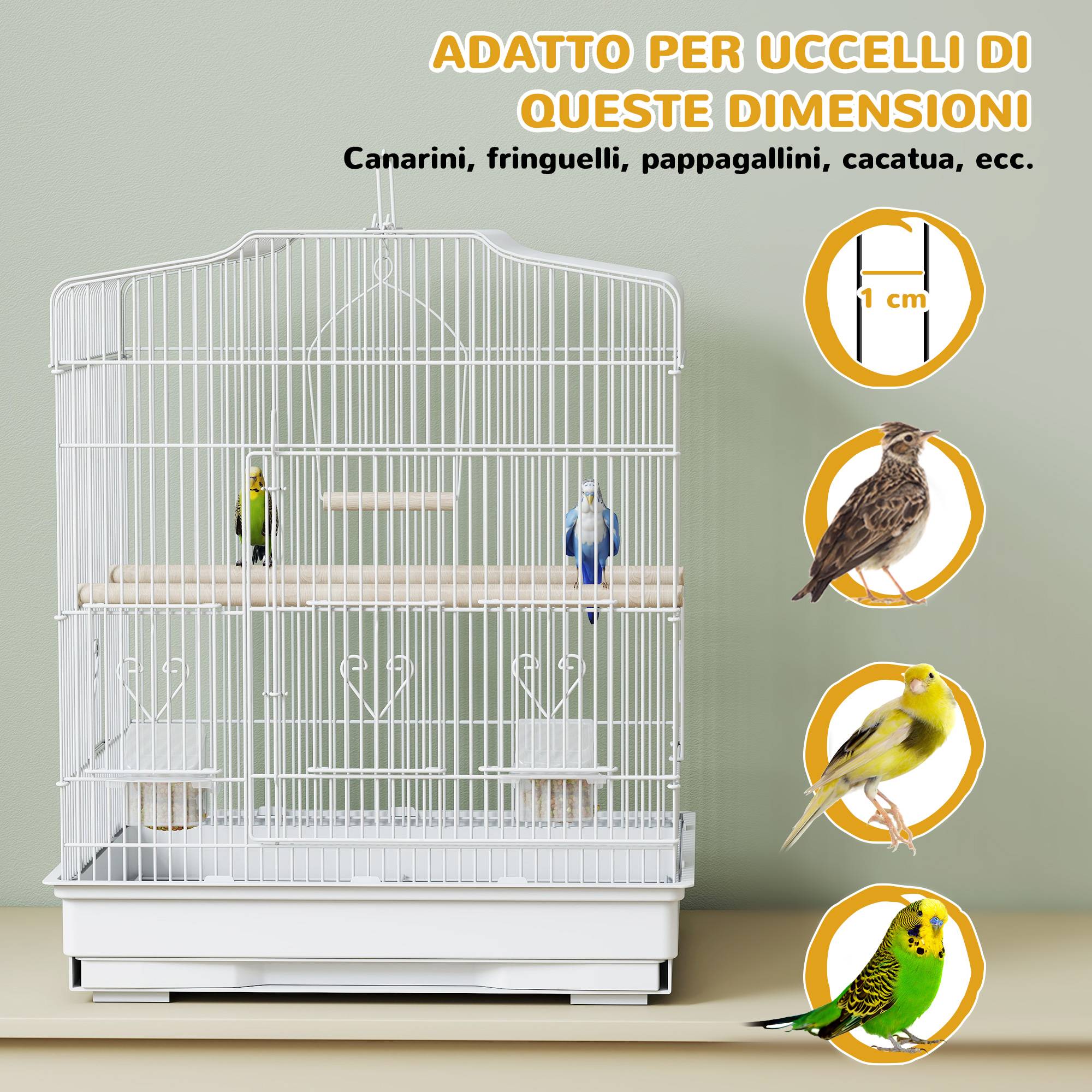 Cage portable pour oiseaux avec poignée, plateau extractible, 5 portes, perchoirs et balançoire, blanc - Image 9