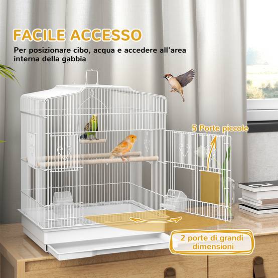 Cage portable pour oiseaux avec poignée, plateau extractible, 5 portes, perchoirs et balançoire, blanc - Image 6