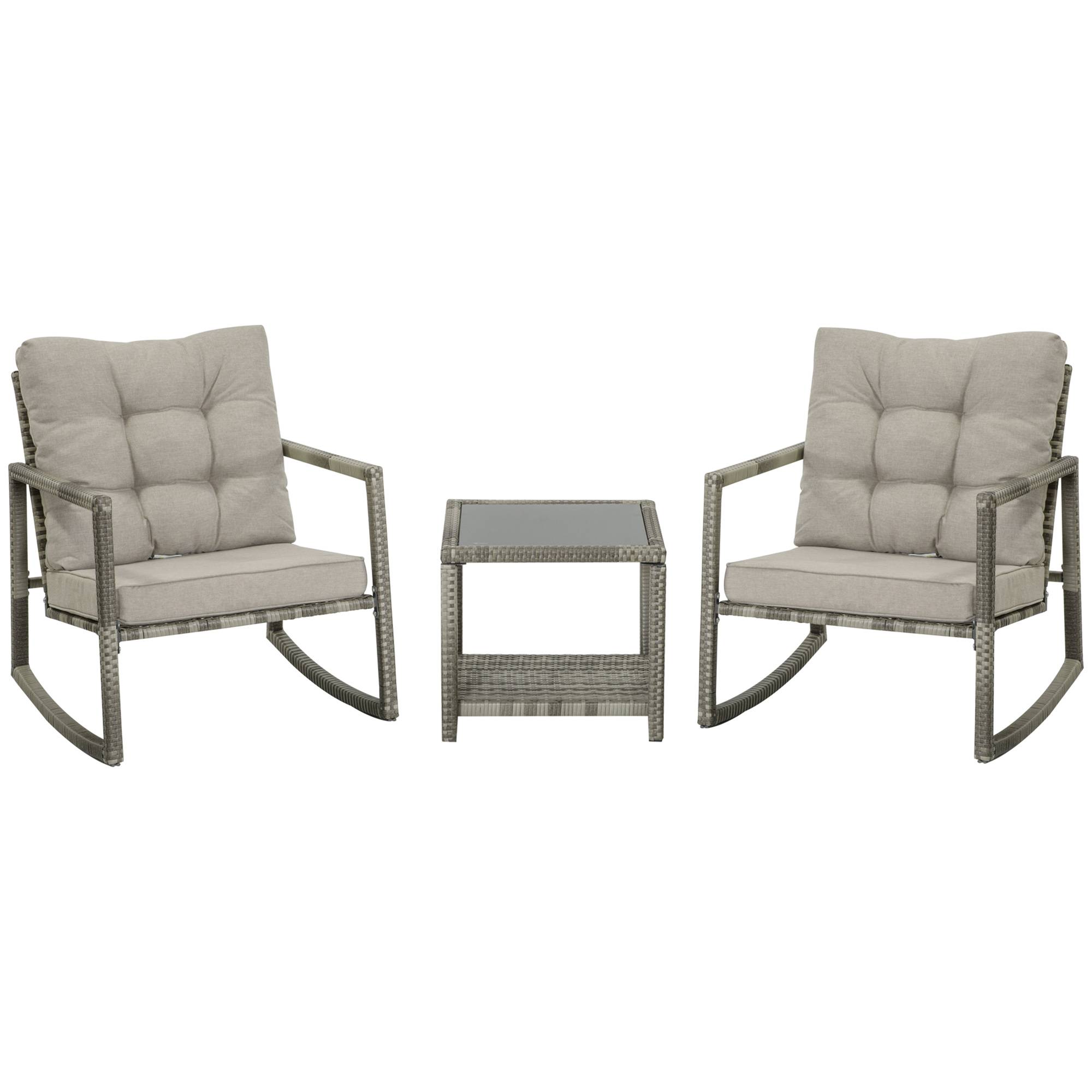 Outsunny - Ensemble de jardin 3 pièces 2 fauteuils à bascule table basse coussins inclus métal époxy résine tressée PE polyester gris - Outsunny - Imagen 1