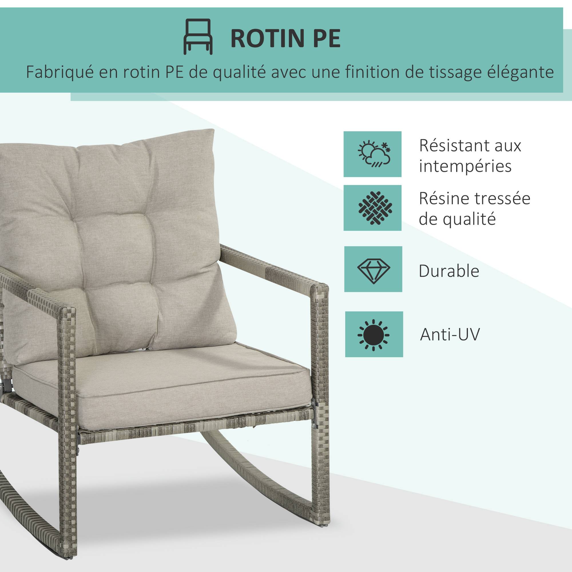 Outsunny - Ensemble de jardin 3 pièces 2 fauteuils à bascule table basse coussins inclus métal époxy résine tressée PE polyester gris - Outsunny - Imagen 4