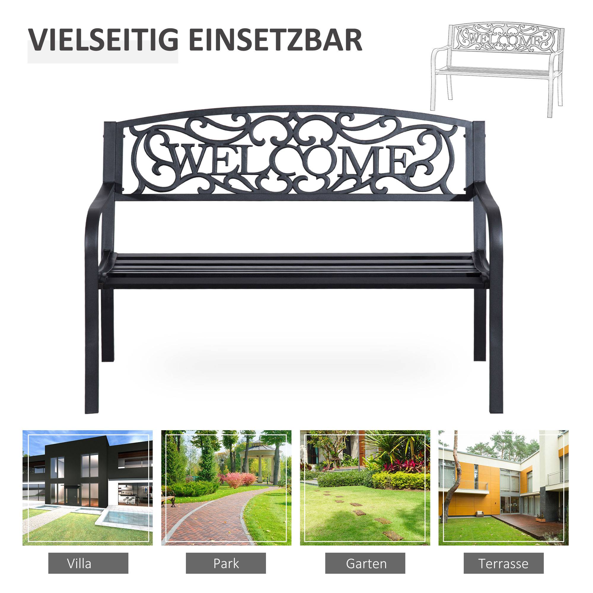 ComfortXL - Banc de jardin 2 places en métal noir 127 x 60 x 87 cm dossier décoratif assise inclinée et cadre résistant - Image 6