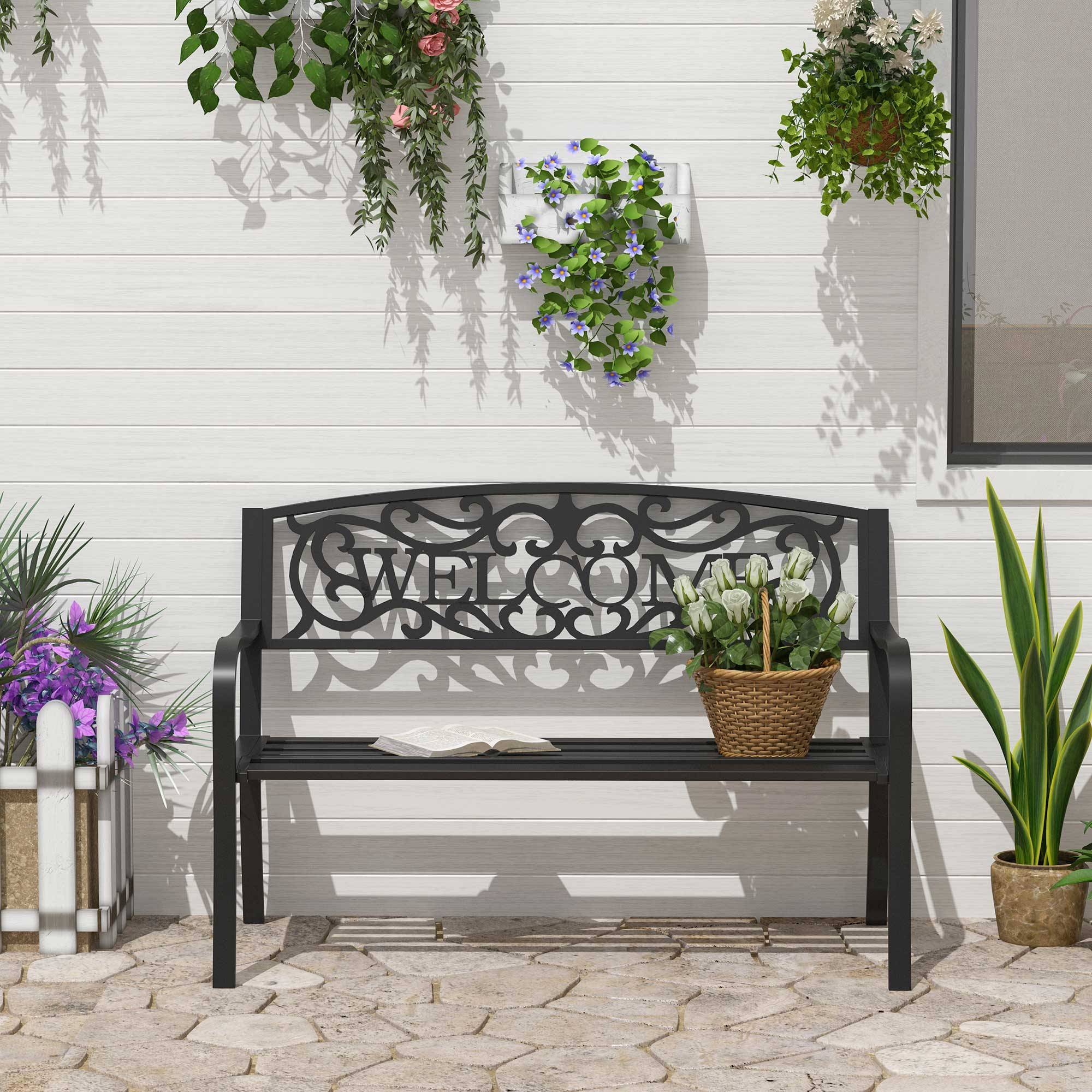 ComfortXL - Banc de jardin 2 places en métal noir 127 x 60 x 87 cm dossier décoratif assise inclinée et cadre résistant - Image 1