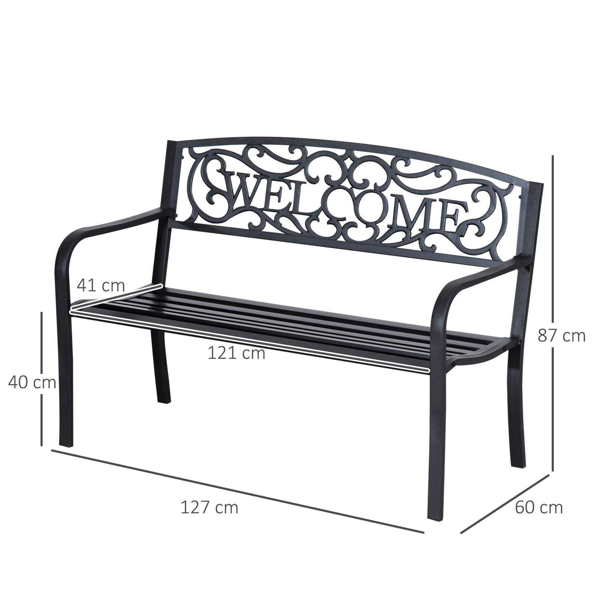 ComfortXL - Banc de jardin 2 places en métal noir 127 x 60 x 87 cm dossier décoratif assise inclinée et cadre résistant - Image 3