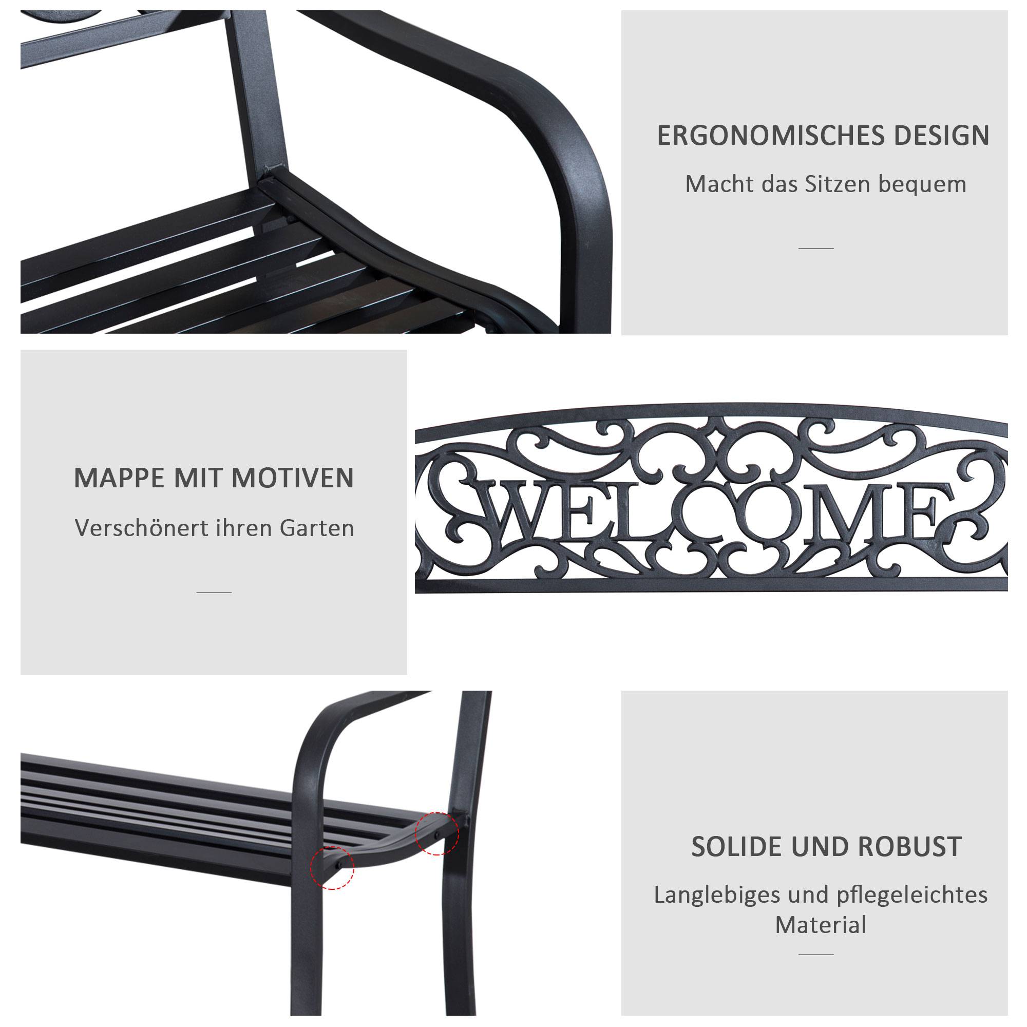 ComfortXL - Banc de jardin 2 places en métal noir 127 x 60 x 87 cm dossier décoratif assise inclinée et cadre résistant - Image 4