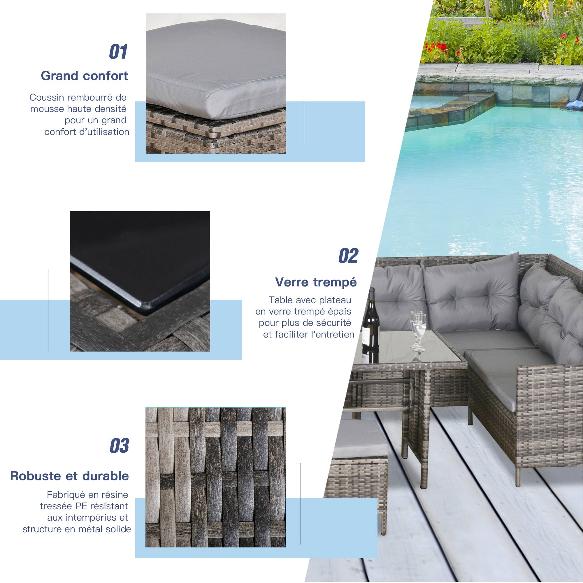 Outsunny - Salon de jardin 8 pers. canapé d'angle 2 poufs table à manger 12 coussins assise & dossier fournis polyester résine tressée grise - Outsunny - Imagen 6
