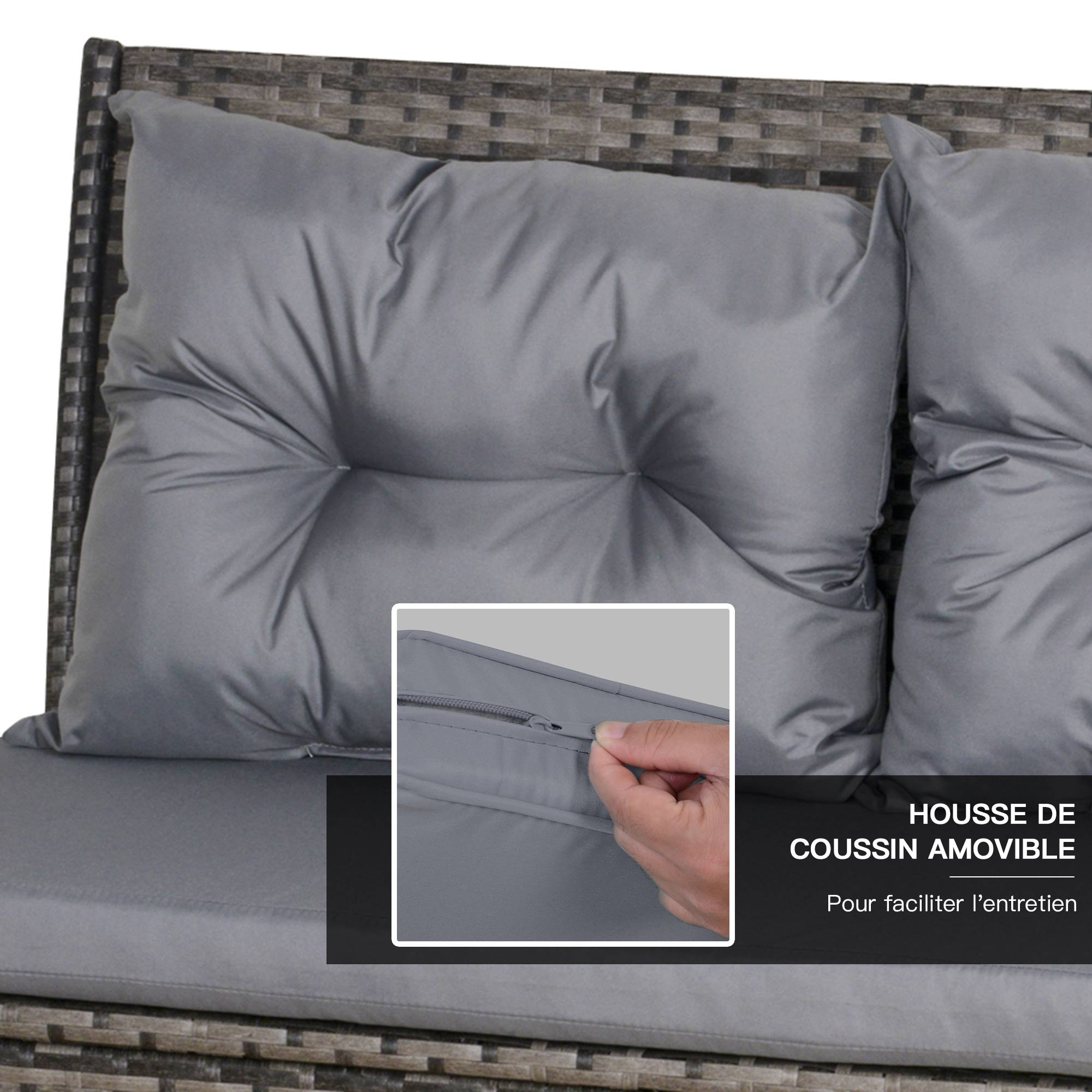 Outsunny - Salon de jardin 8 pers. canapé d'angle 2 poufs table à manger 12 coussins assise & dossier fournis polyester résine tressée grise - Outsunny - Imagen 7