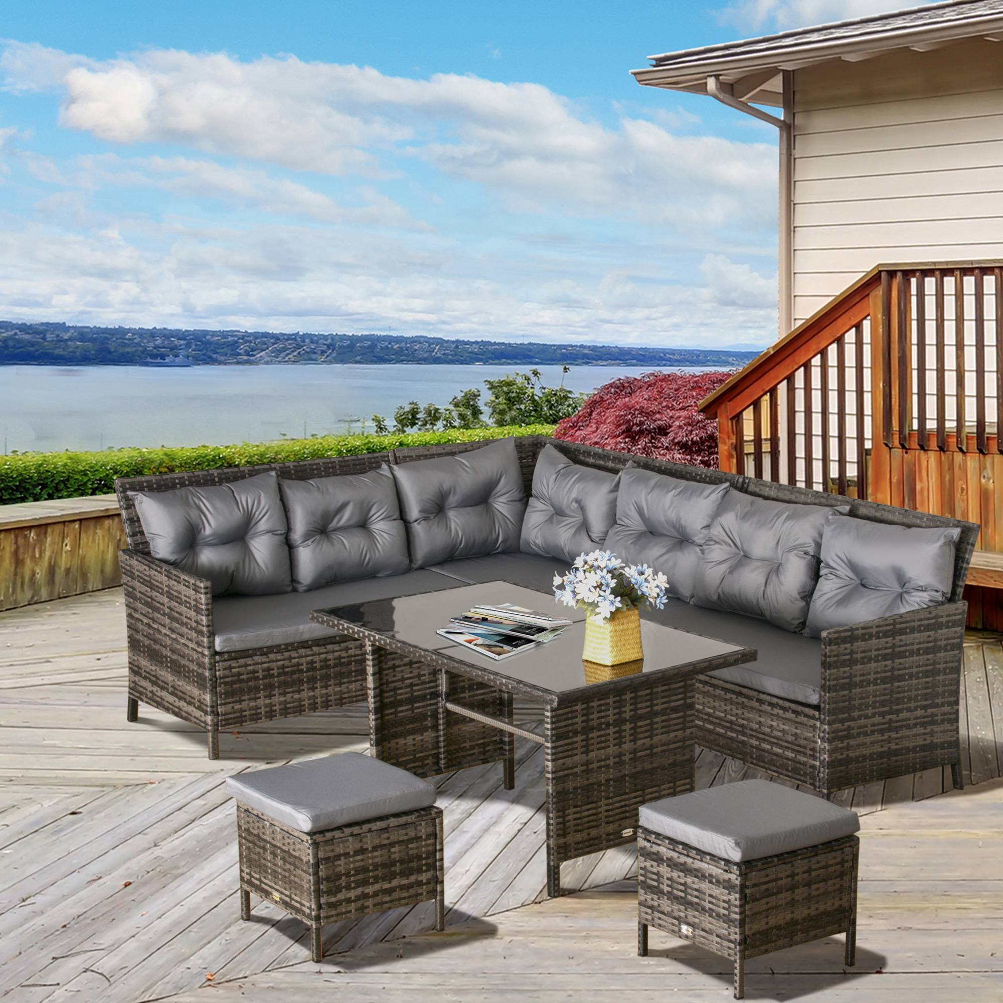 Outsunny - Salon de jardin 8 pers. canapé d'angle 2 poufs table à manger 12 coussins assise & dossier fournis polyester résine tressée grise - Outsunny - Imagen 2