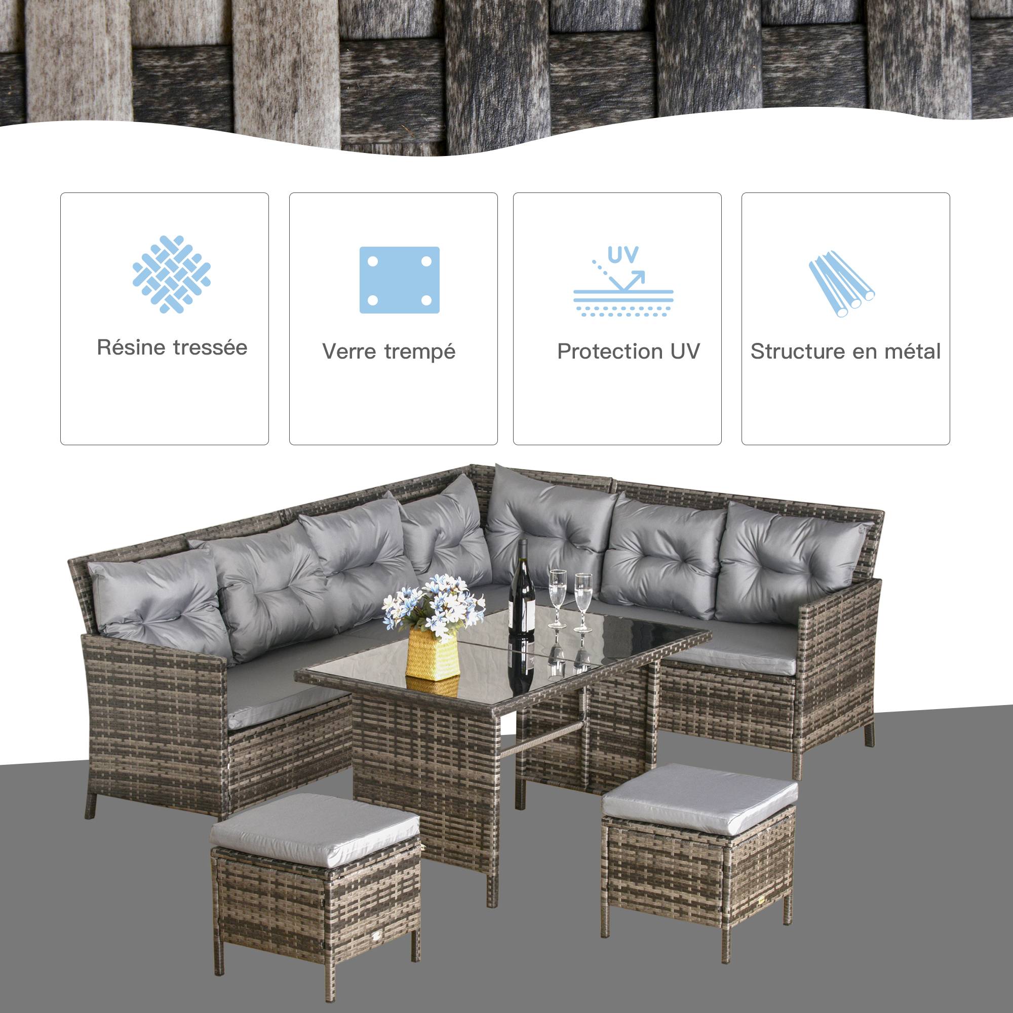 Outsunny - Salon de jardin 8 pers. canapé d'angle 2 poufs table à manger 12 coussins assise & dossier fournis polyester résine tressée grise - Outsunny - Imagen 4