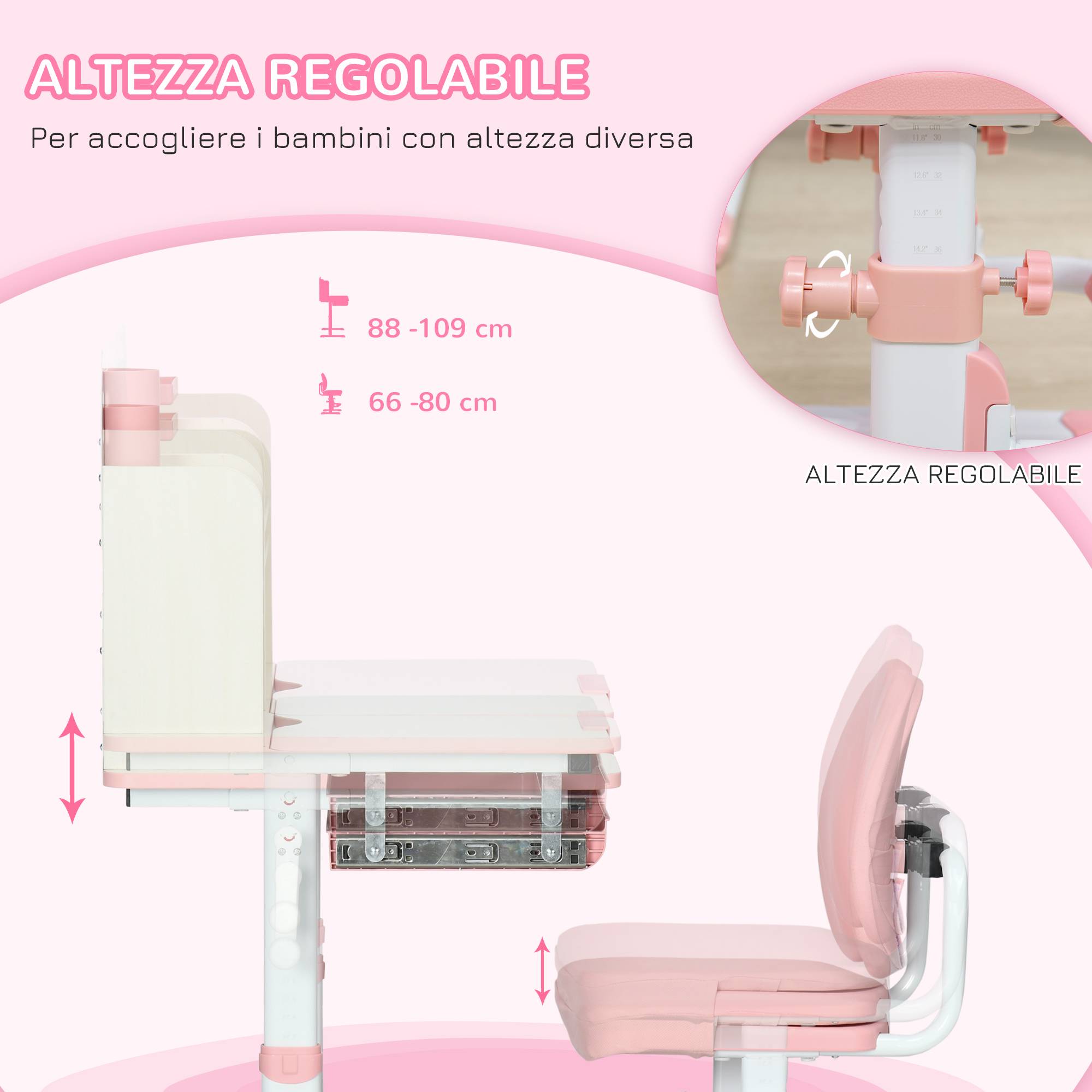 Banc scolaire avec chaise enfant 3-12 ans, hauteur réglable et plateau inclinable, rose - Image 6