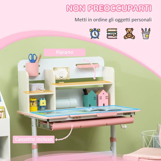 Banc scolaire avec chaise enfant 3-12 ans, hauteur réglable et plateau inclinable, rose - Image 8