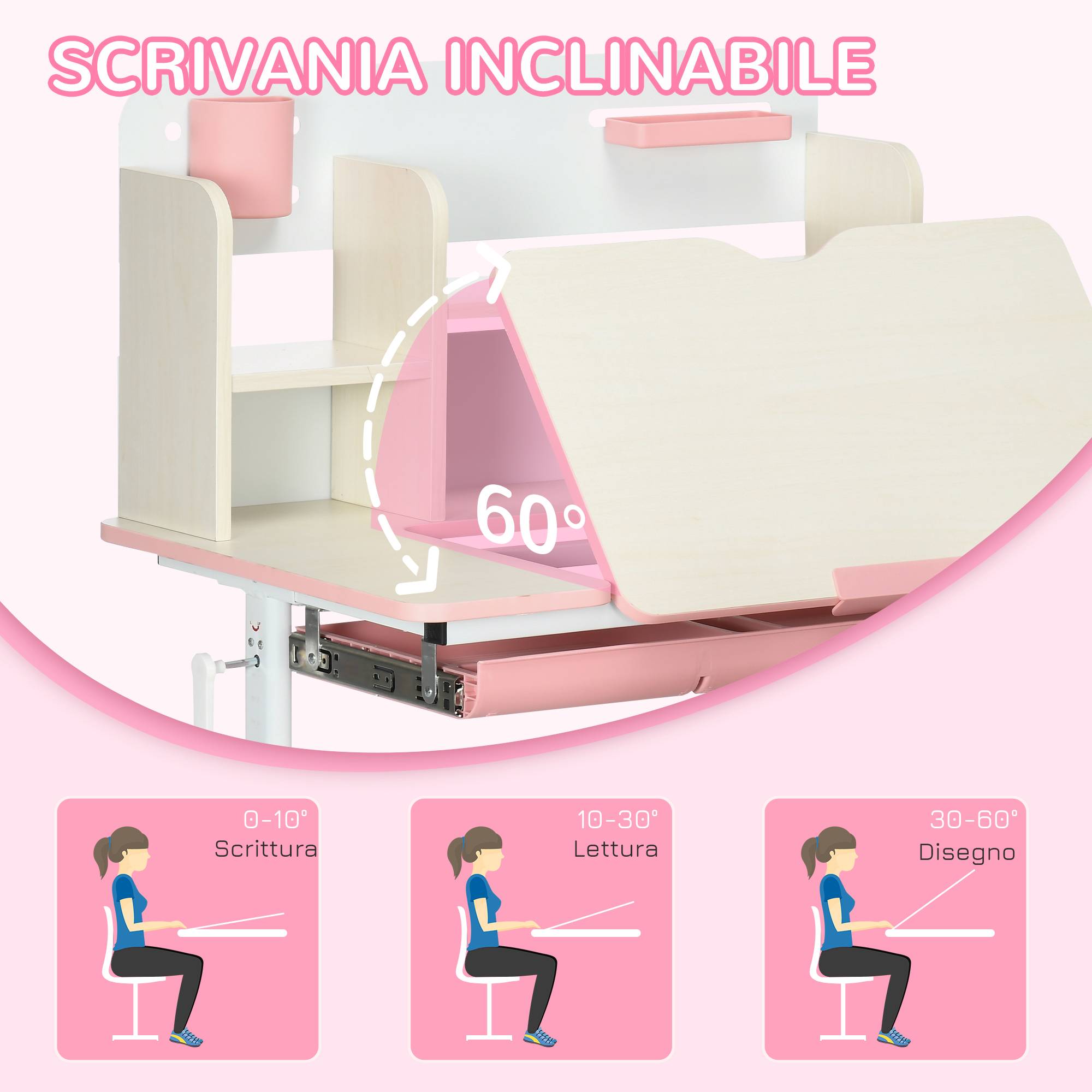 Banc scolaire avec chaise enfant 3-12 ans, hauteur réglable et plateau inclinable, rose - Image 7