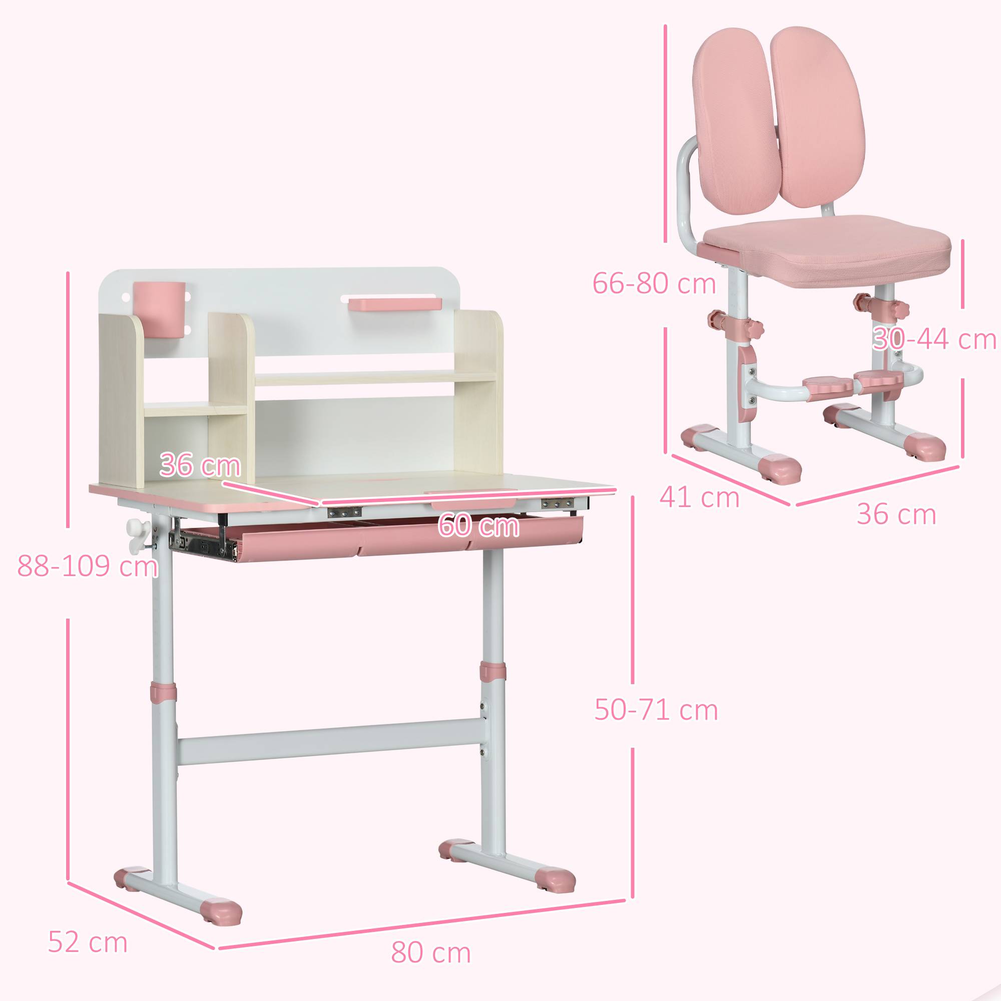 Banc scolaire avec chaise enfant 3-12 ans, hauteur réglable et plateau inclinable, rose - Image 5