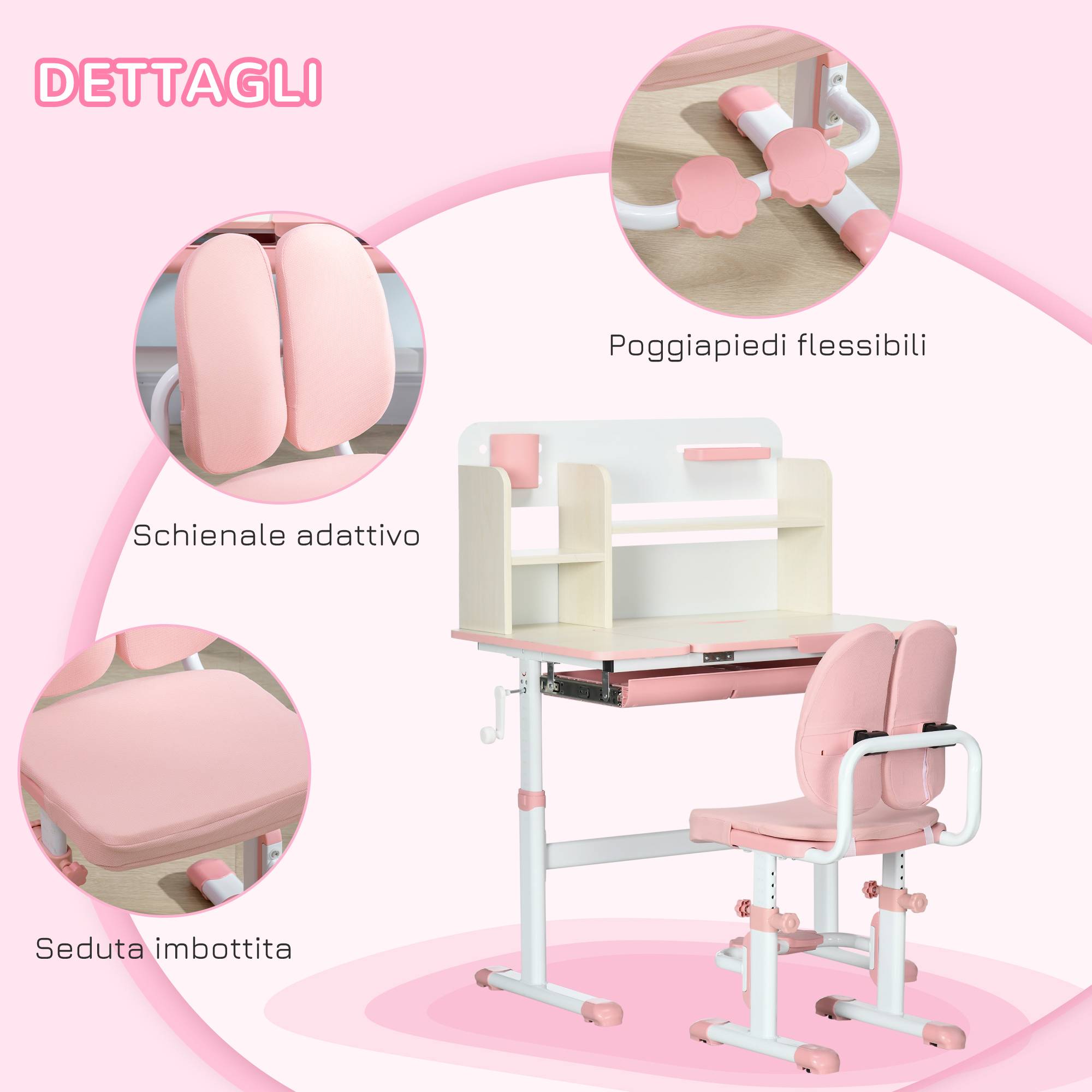 Banc scolaire avec chaise enfant 3-12 ans, hauteur réglable et plateau inclinable, rose - Image 9
