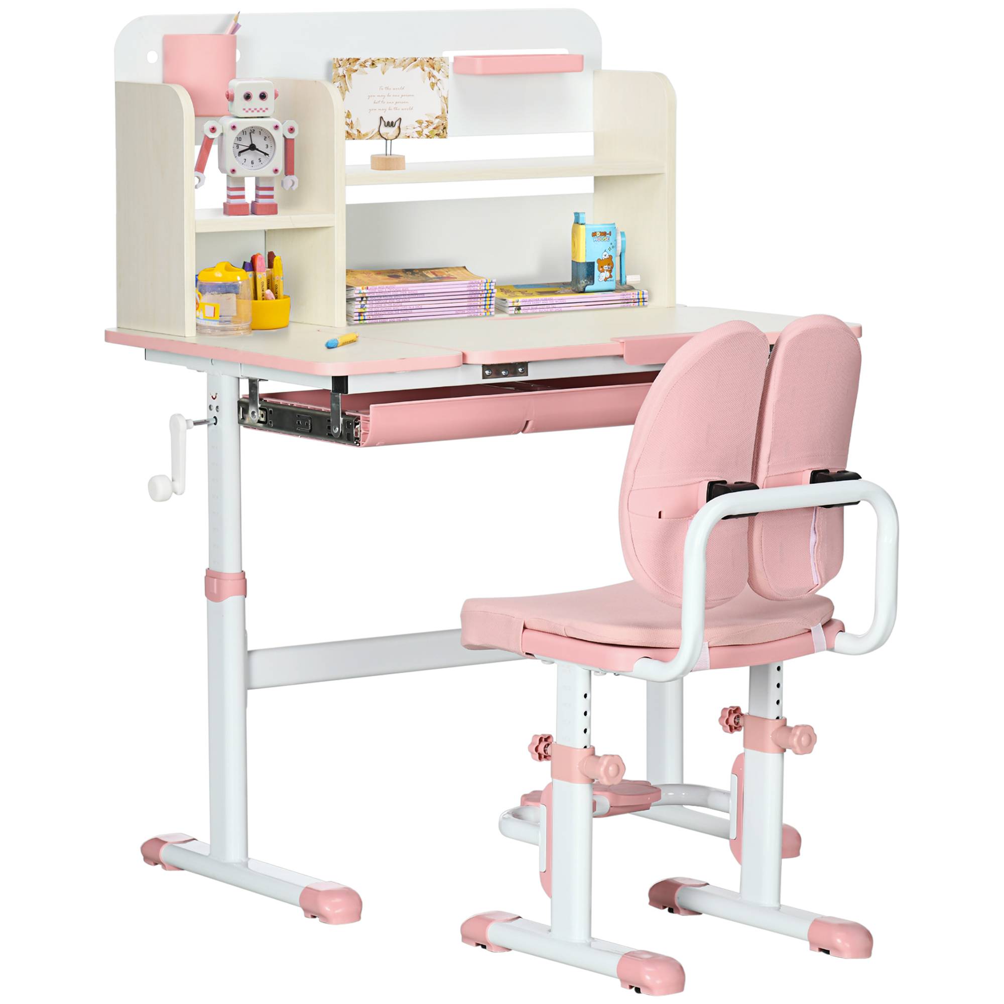 Banc scolaire avec chaise enfant 3-12 ans, hauteur réglable et plateau inclinable, rose - Image 1