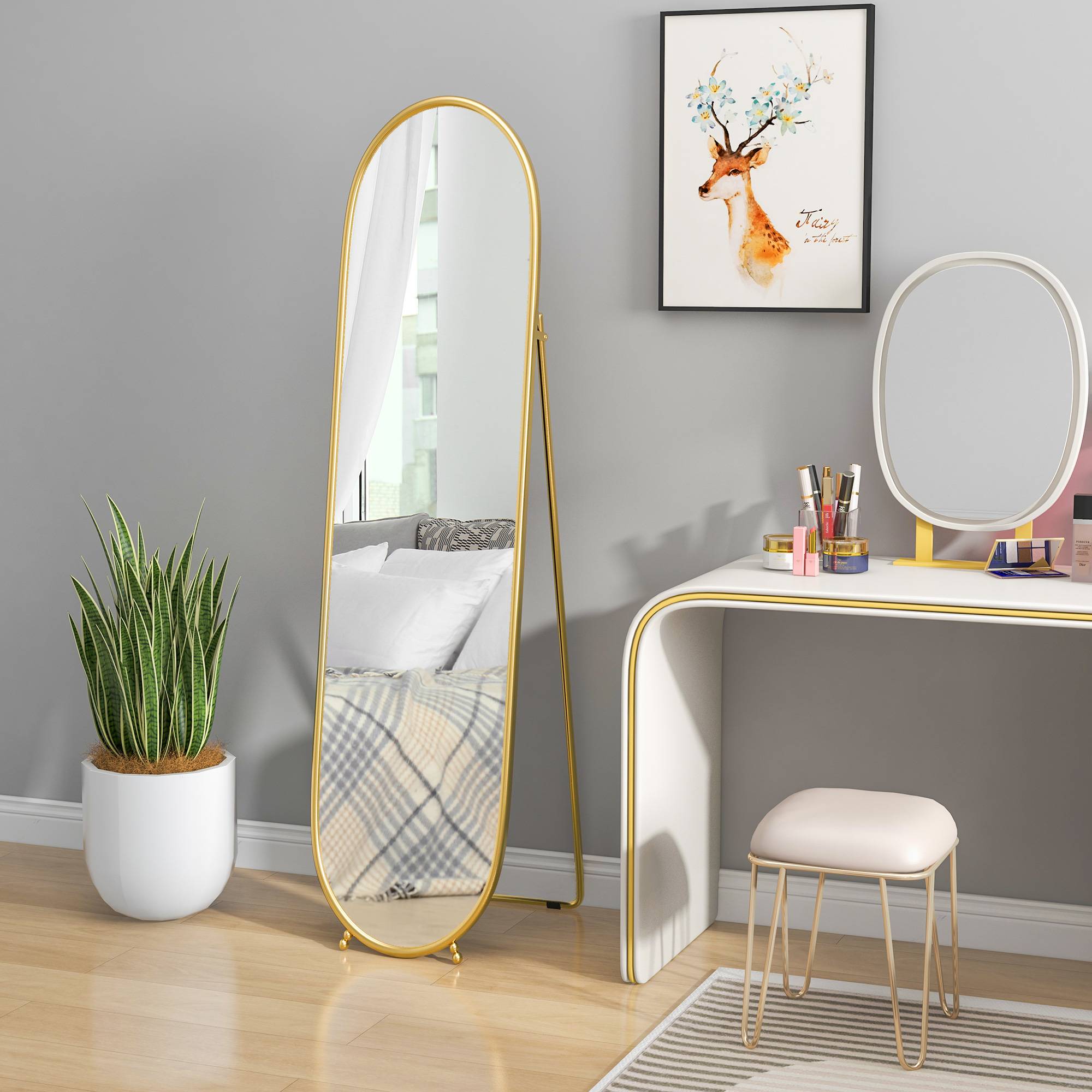 Sans Marque - Grand miroir sur pied, miroir ovale, cadre en métal doré, avec support pour entrée, chambre, dressing, 40 x 160 cm - Image 3