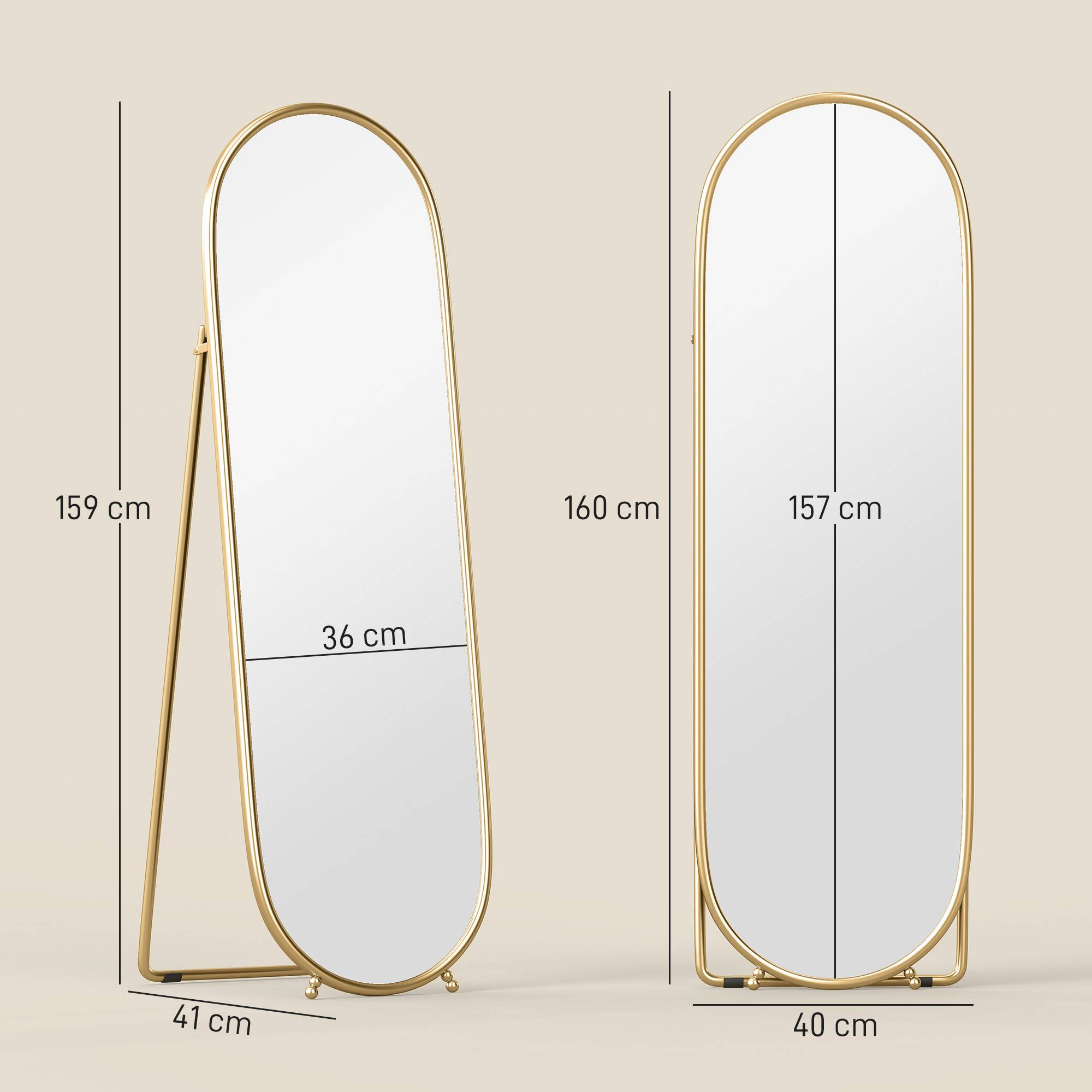 Sans Marque - Grand miroir sur pied, miroir ovale, cadre en métal doré, avec support pour entrée, chambre, dressing, 40 x 160 cm - Image 5