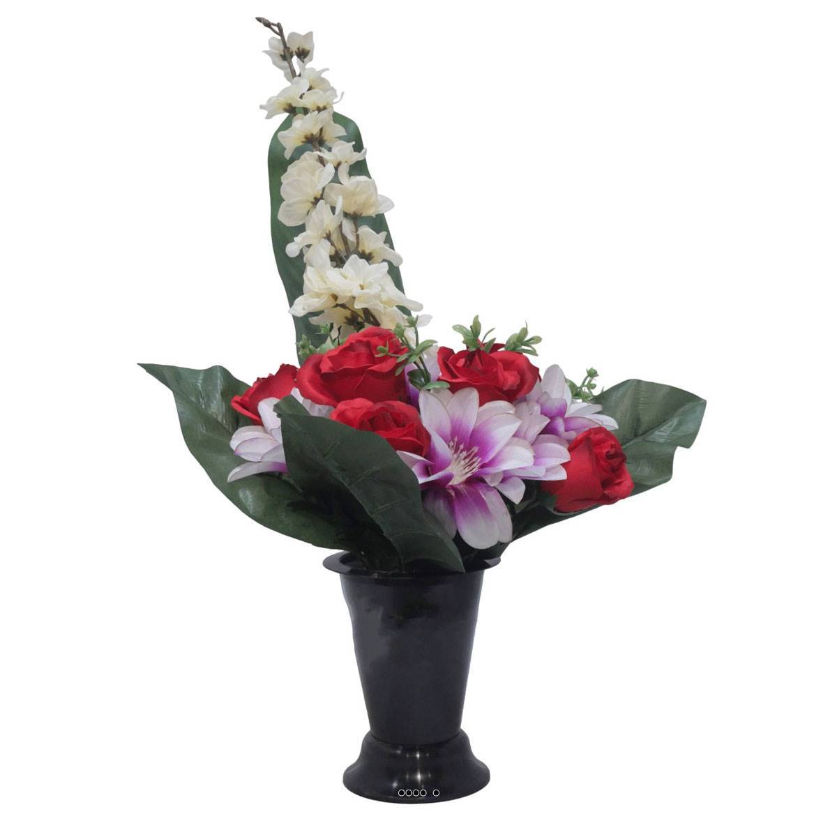 Artificielles - Pot Cone de fleurs artificielles de Rose, Orchidée et delphinium Rouge pour la Toussaint - couleur: Rouge - Imagen 2