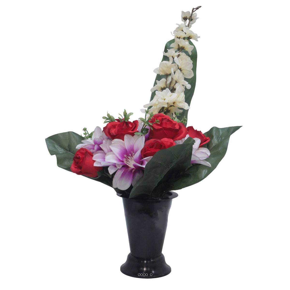 Artificielles - Pot Cone de fleurs artificielles de Rose, Orchidée et delphinium Rouge pour la Toussaint - couleur: Rouge - Imagen 1