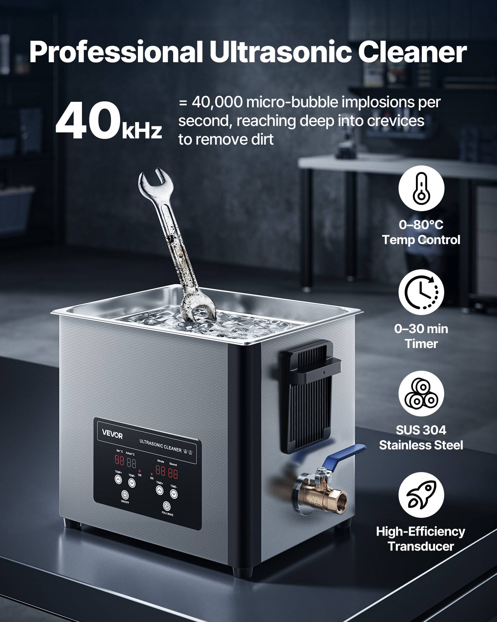 Vevor - VEVOR Nettoyeur à ultrasons 10 L, 40 kHz, chauffage 180 W, panier inox et affichage numérique, pour bijoux, montres, lunettes et pièces. - Image 2