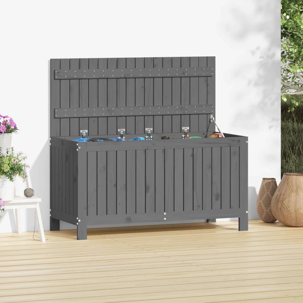 Malle de Jardin en Bois de Pin Massif avec Assistance Hydraulique Rangement Outils Gris 115x49x60 cm – ComfortXL Outdoor Living - Image 1