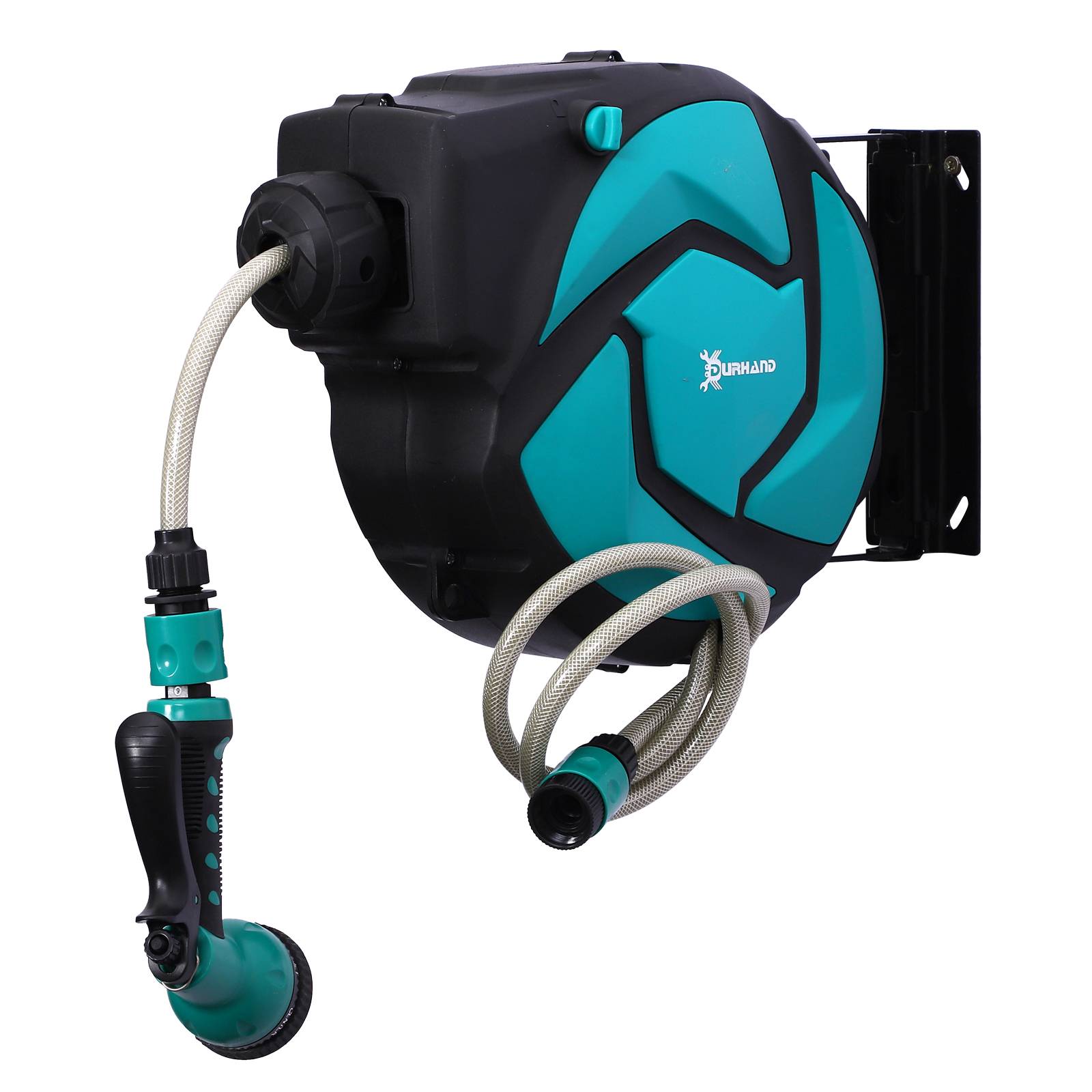 Dévidoir Mural Enrouleur Automatique pivotant 180° Tuyau 10 + 1 m avec Lance arrosage Support Mural intégré Turquoise Noir - Image 1
