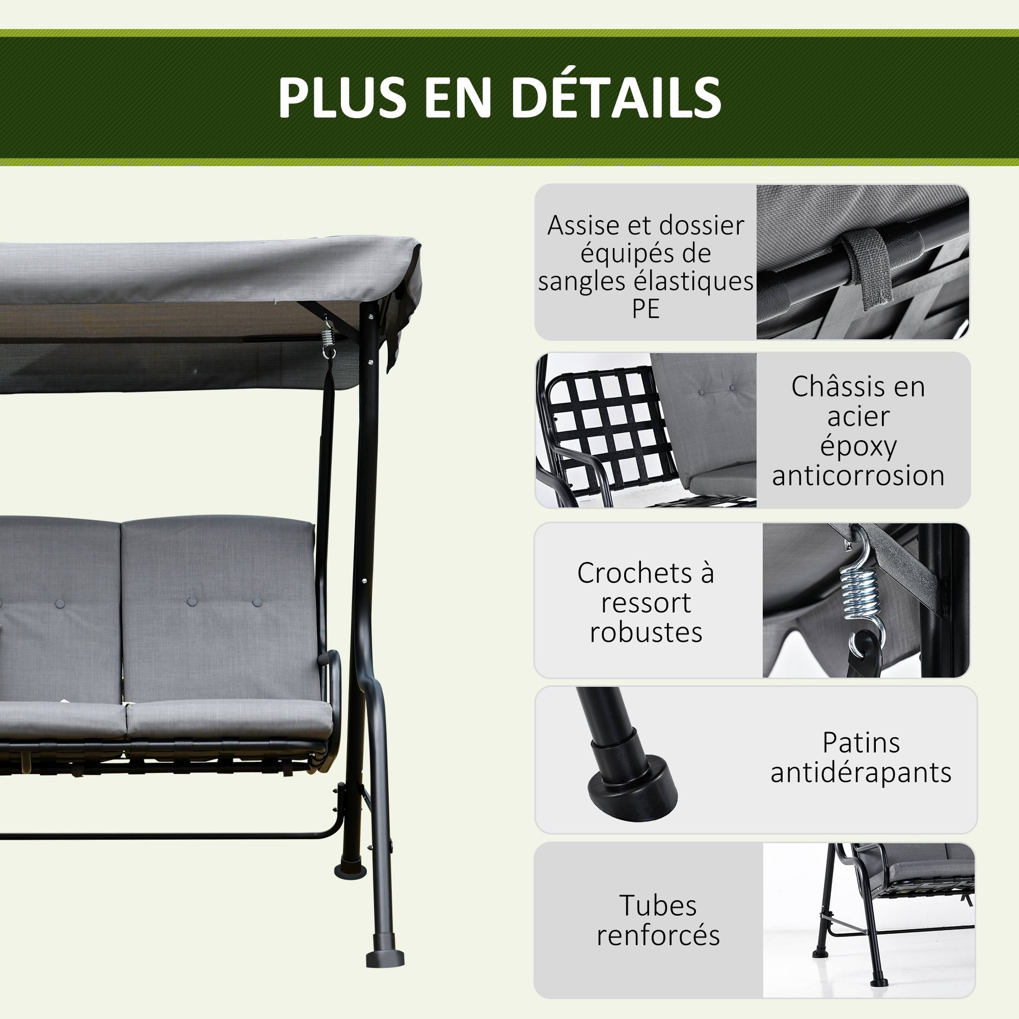 Outsunny - Balancelle de jardin 3 places grand confort toit inclinaison réglable épais coussins amovibles polyester acier époxy gris - Outsunny - Imagen 7